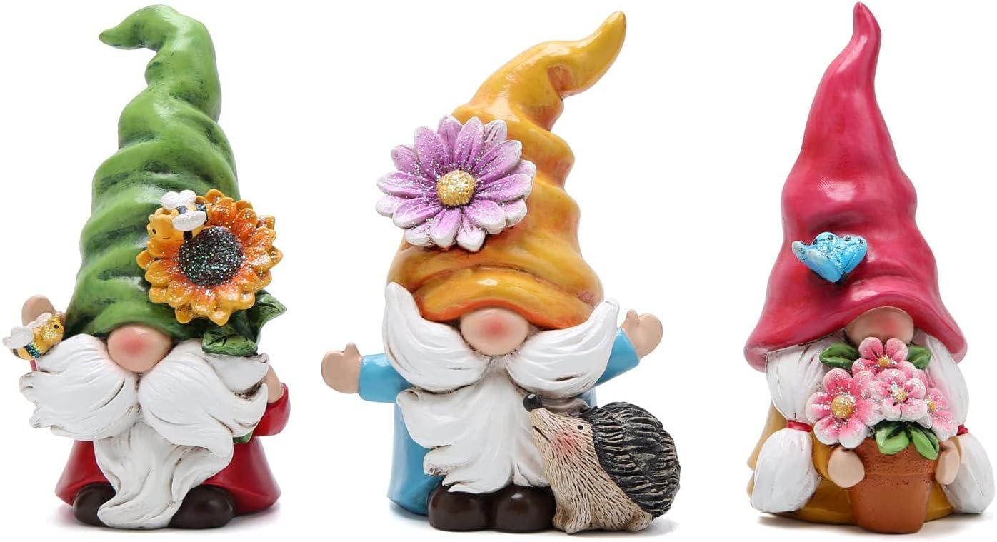 Hodao Set of 3 Spring Gnome Decorations Flower Gnomes Ornaments Decor Summer Outdoor Figurines Spring Elves for Porch, Garden Yard, Flower Bed Garden Gifts for Women, Mom