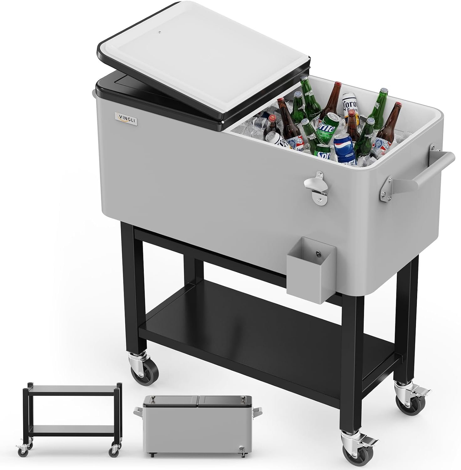 VINGLI 80 Quart Rolling Ice Chest on Wheels, Portable Patio Party Bar Drink Cooler Cart, with Shelf, Beverage Pool with Bottle Opener,Water Pipe (Grey, 80QT)