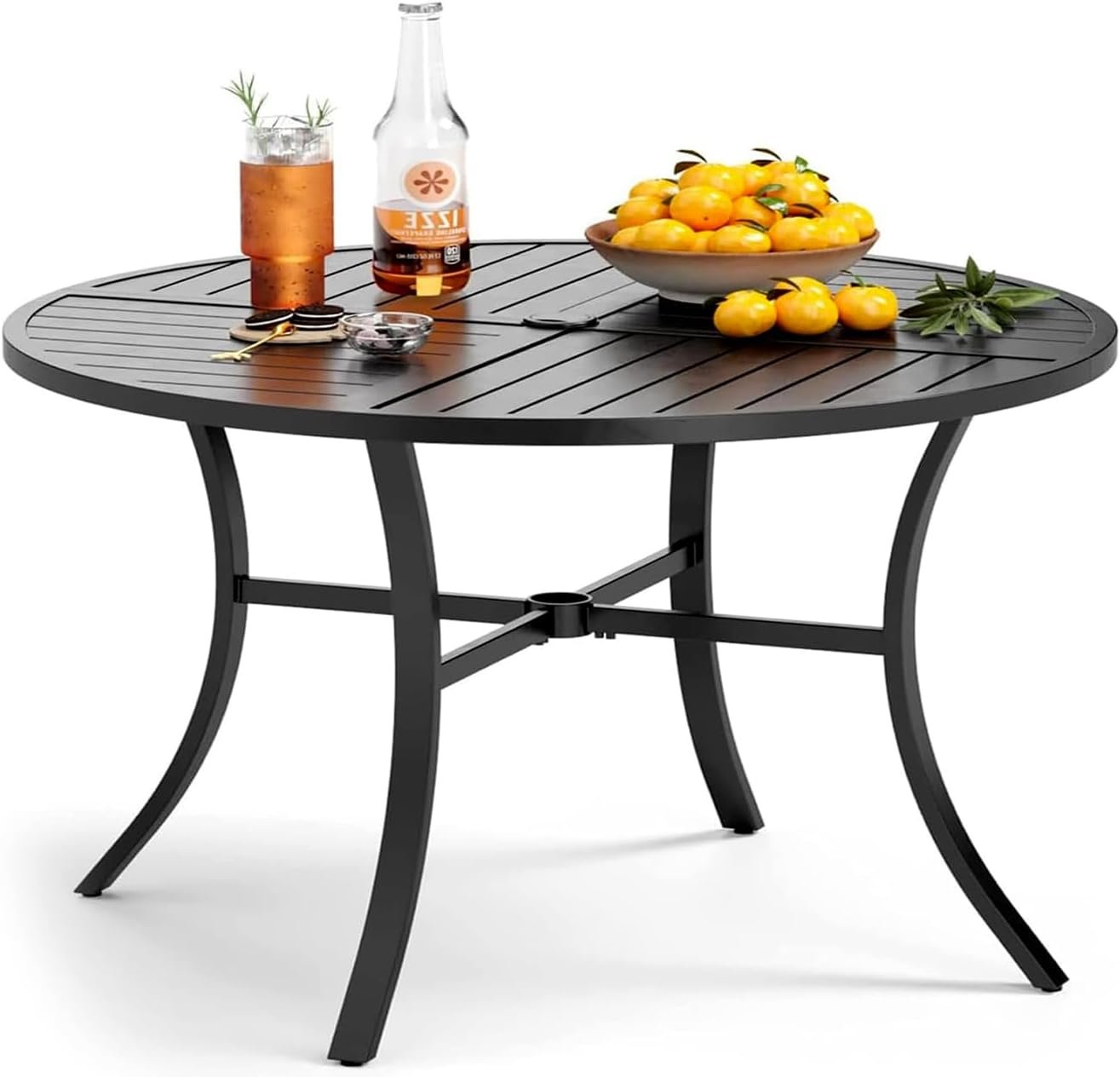 PHI VILLA Patio Round Table w/Umbrella Hole, Metal Table for 4, Black | 42″ wrought iron dining table. Slatted top design, weather resistant. Perfect for outdoor deck, porch, backyard.