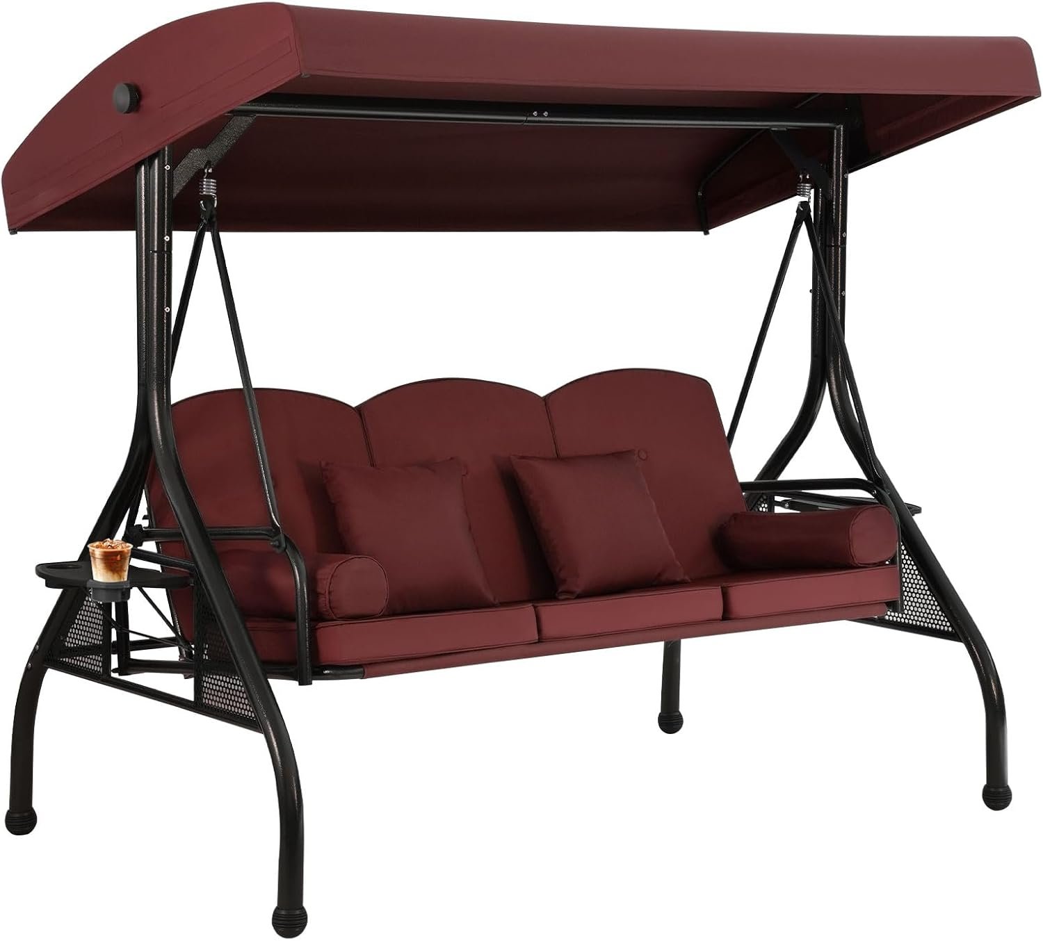 3 Seat Outdoor Porch Swing with Adjustable Canopy,2 in 1 Patio Swing Bed with Stand 800lbs for Adults,Outdoor Swing with Removable Cushion, Cup Holder ＆4 Pillow for Backyard, Porch, Garden，Red