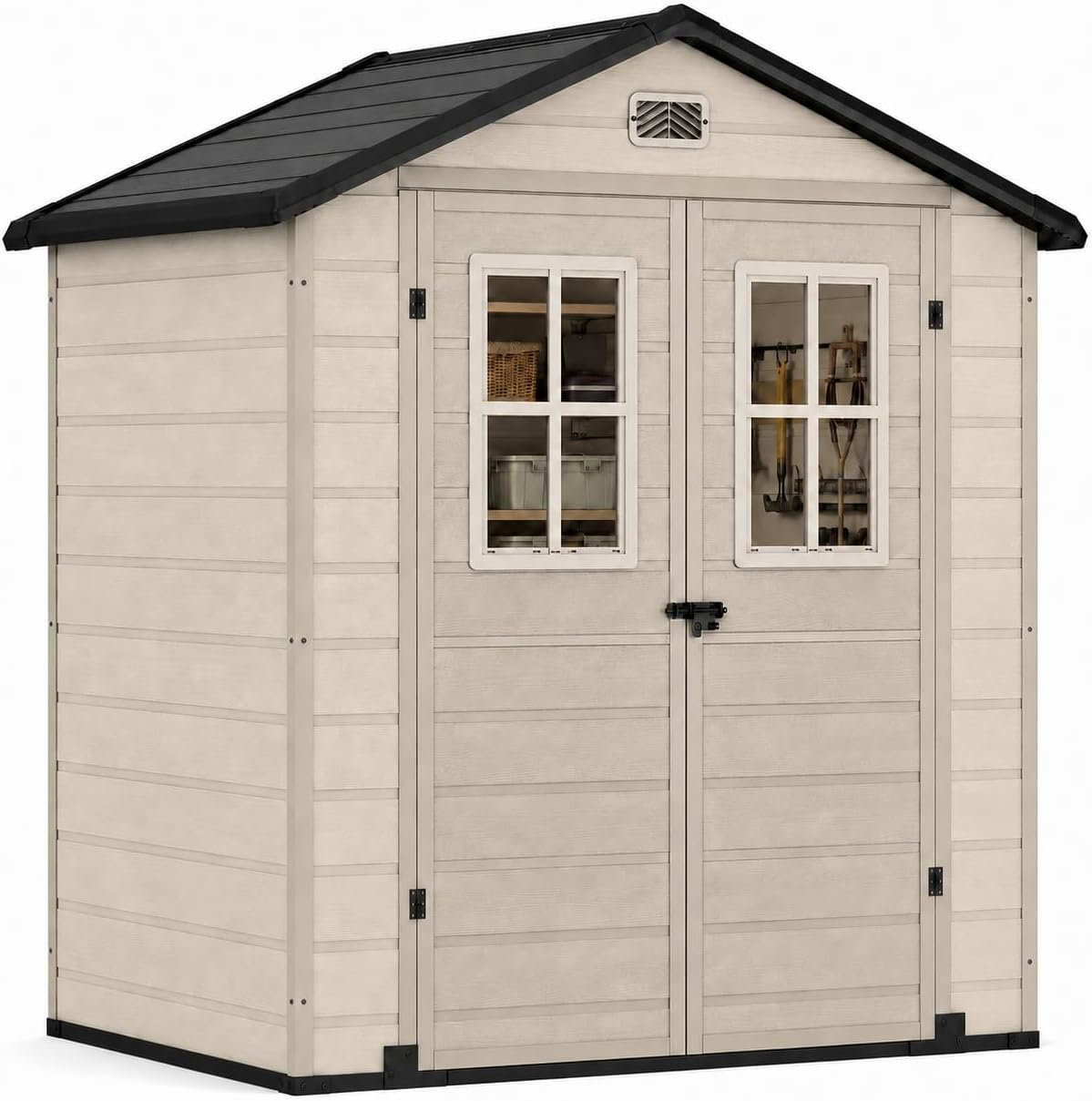 DWVO 6×4.4 FT Outdoor Storage Shed, Plastic Garden Tool Shed with 2 Windows, Double-Wall Resin Storage Shed for Lawn Mower, Garden Shed for Backyard Patio, Lockable, Greige&Gray