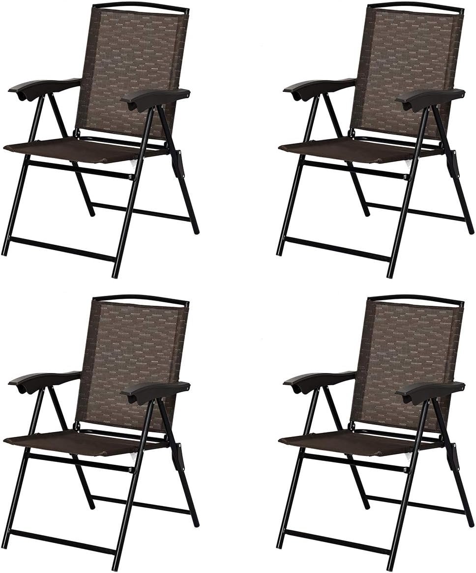 Goplus Folding Sling Chairs Sets of 4, Portable Chairs for Patio Garden Pool Outdoor & Indoor w/Armrests & Adjustable Back
