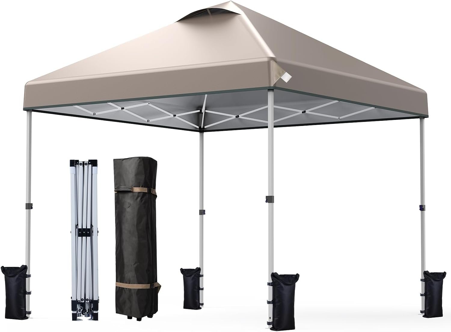 Nazhura 10′ x 10′ Pop Up Canopy Tent with Sand Weight Bag, Awing for Patio, Freestanding Sun Shelter for Picnic and Camping, One Person Setup, White (Kahki)
