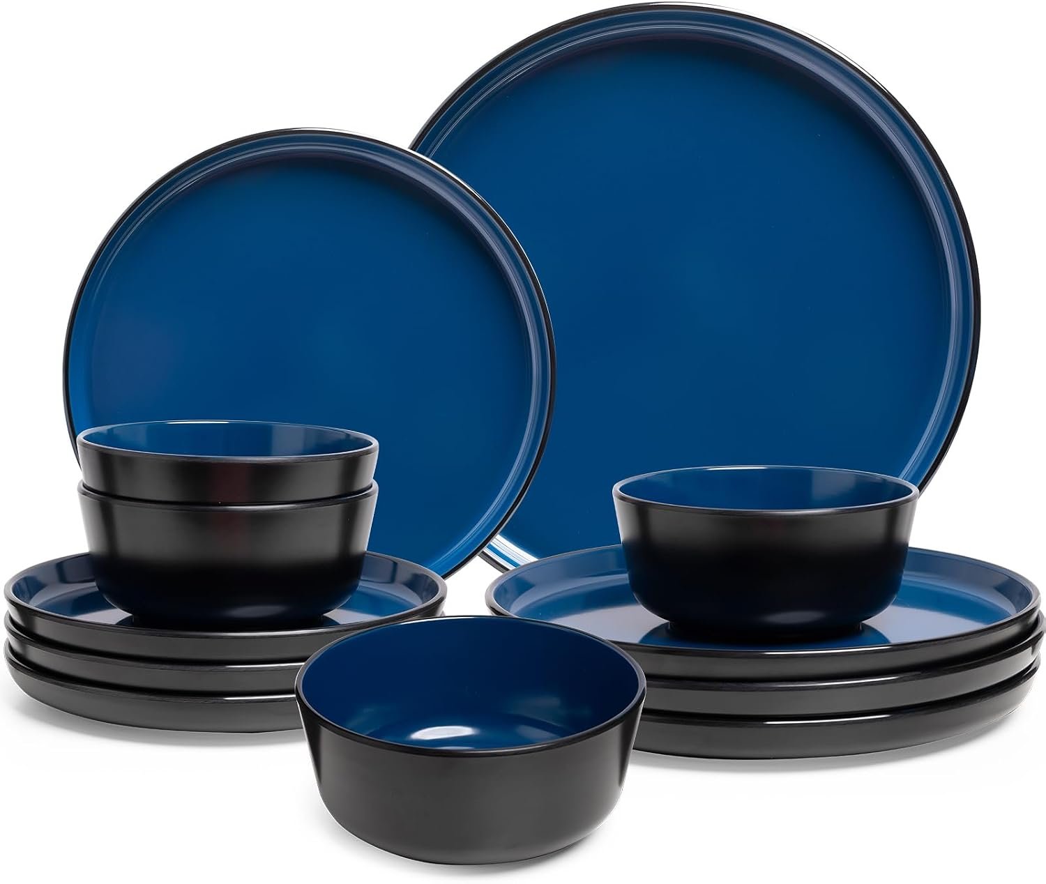Melamine Dinnerware Sets, 12 Pcs Unbreakable Plates and Bowls Set, Outdoor Dinnerware RV and Camper Dishes Sets for 4, Kitchen Dishes Set for Entertaining, Black and Blue