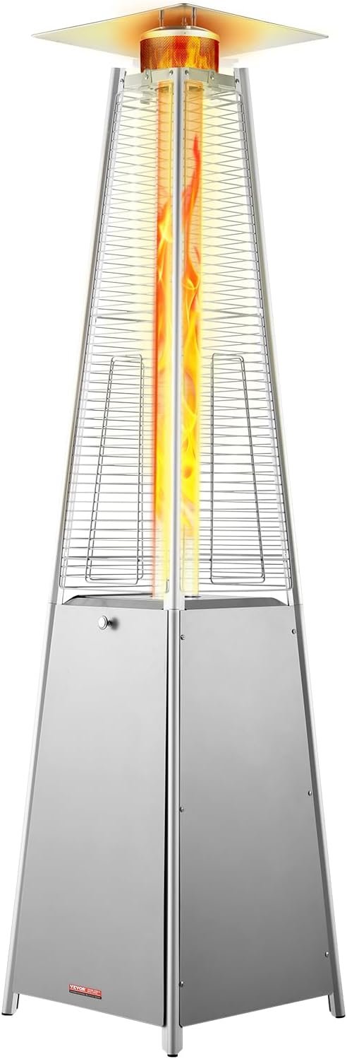 VEVOR Patio Heater for Outdoor Use, 48000BTU Pyramid Propane Heater w/Wheels, Quartz Glass Tube Outdoor Patio Flame Heater for Patio, Party, Backyard, Garden, Decoration, Silver