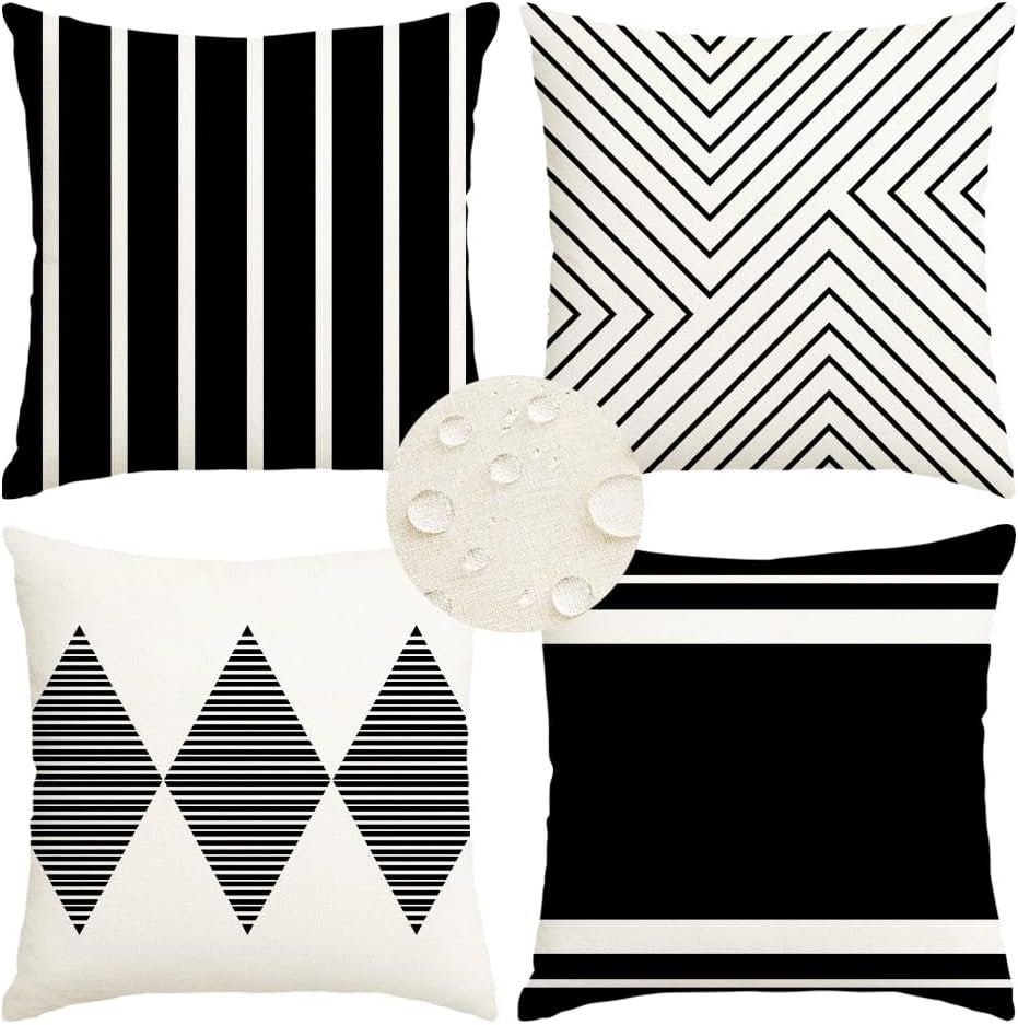 RABUSOFA Outdoor Pillows Waterproof,18×18 inch Black and White Throw Pillows Boho Set of 4 for Patio Furniture,Sunbrella Outdoor Pillow Covers for Couch(2W-18) (no Insert)