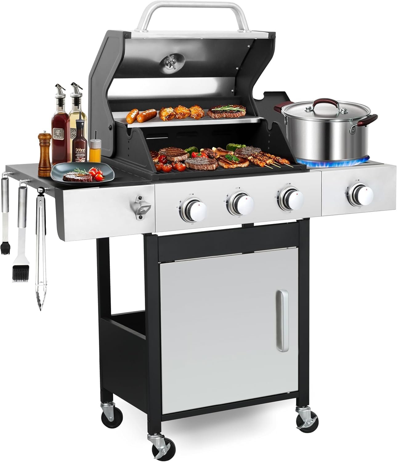 3 Burner Propane Gas Grill, 39,000 BTU Outdoor BBQ Grill with Side Burner and Cast Iron Grates, Cabinet Style Storage Gas Barbecue Grill for Backyard Patio