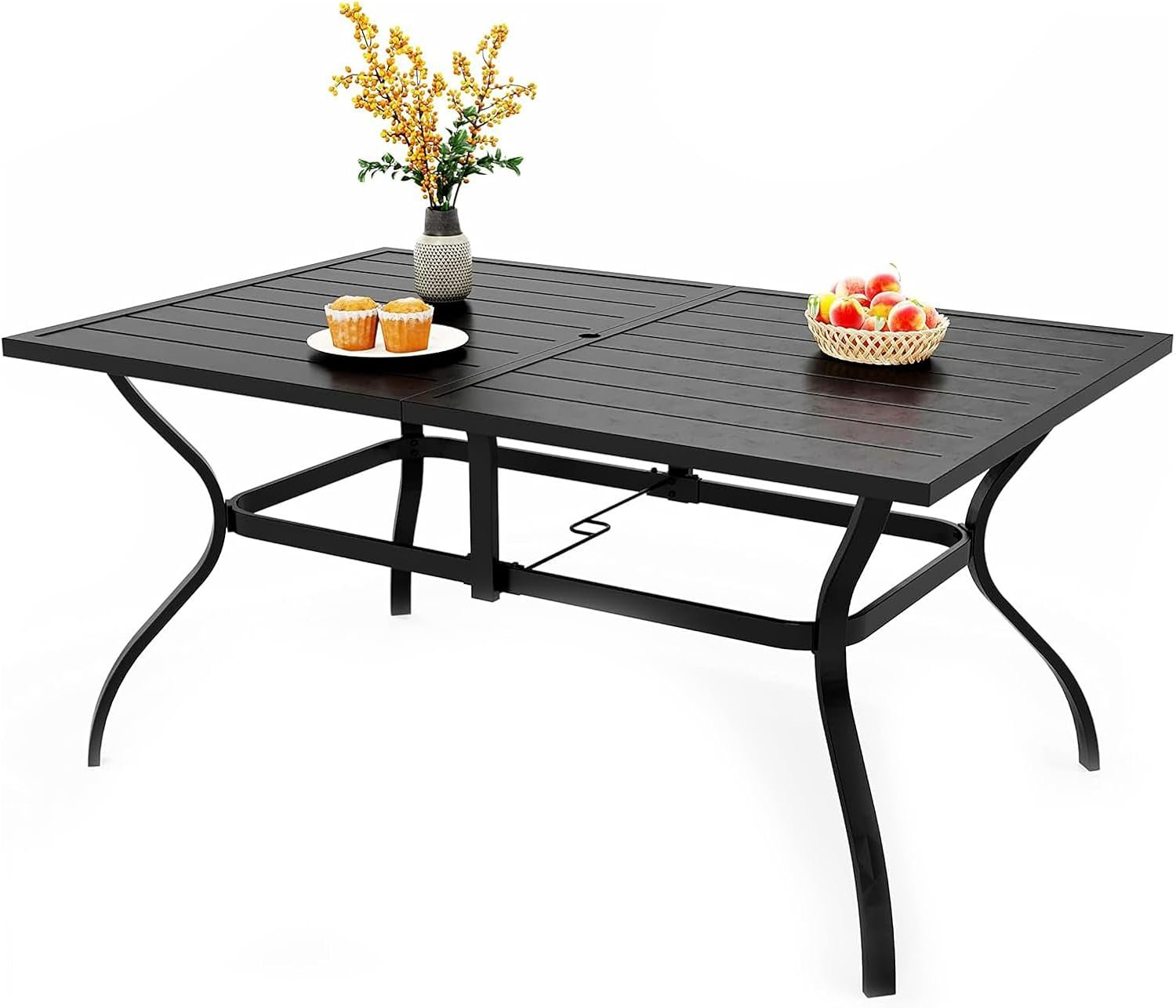 PHI VILLA Patio Table for 6, Black Metal Dining Table w/Umbrella Hole | 60″ rectangle Wrought iron table. Slatted top design, weather resistant. Perfect for outdoor deck, porch, backyard