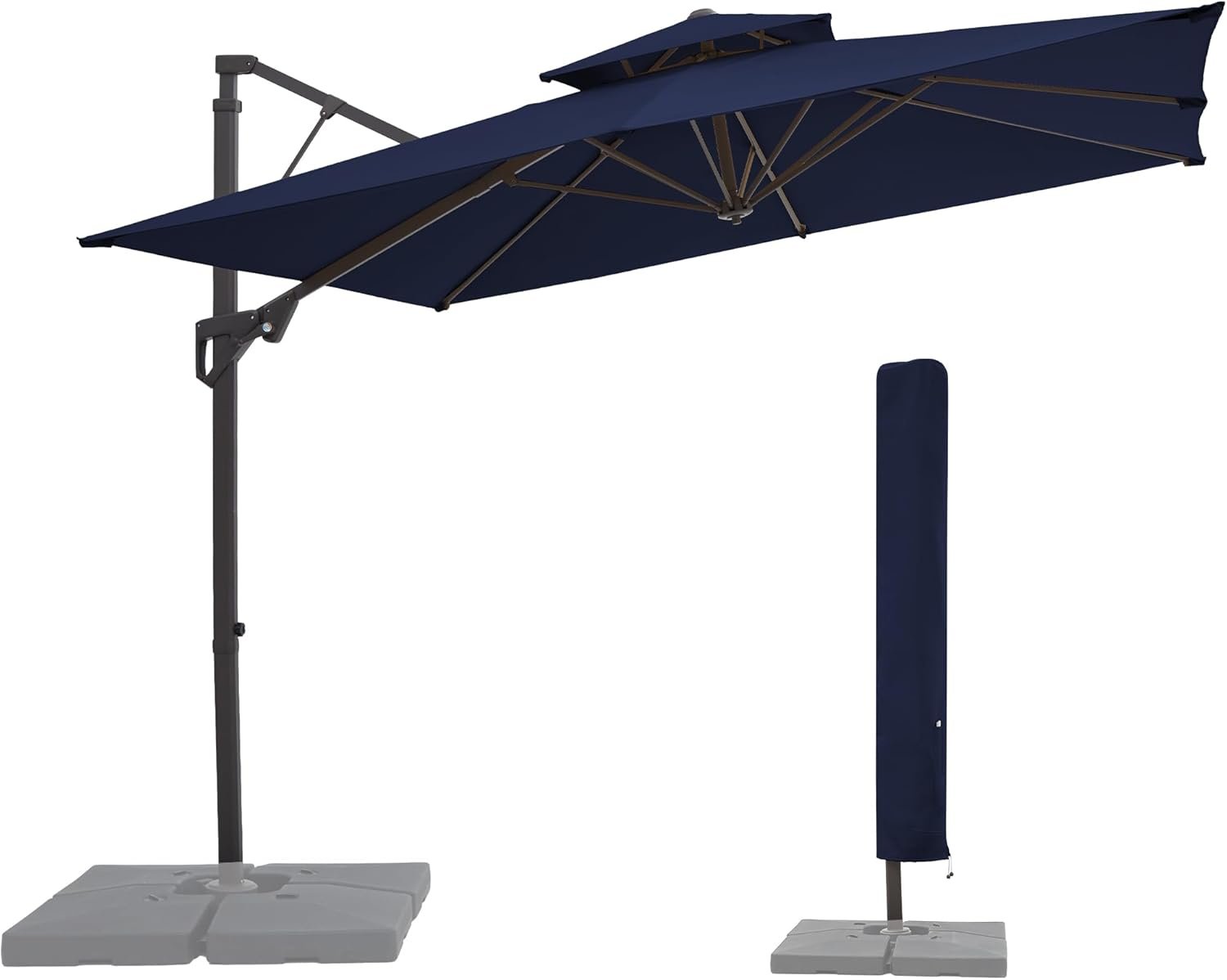JEAREY 9×9 ft 2-Tier Cantilever Patio Umbrella, Large Square Outdoor Offset Umbrella with Double Top Vent and 360-degree Rotation for Garden Deck Pool Patio, Navy