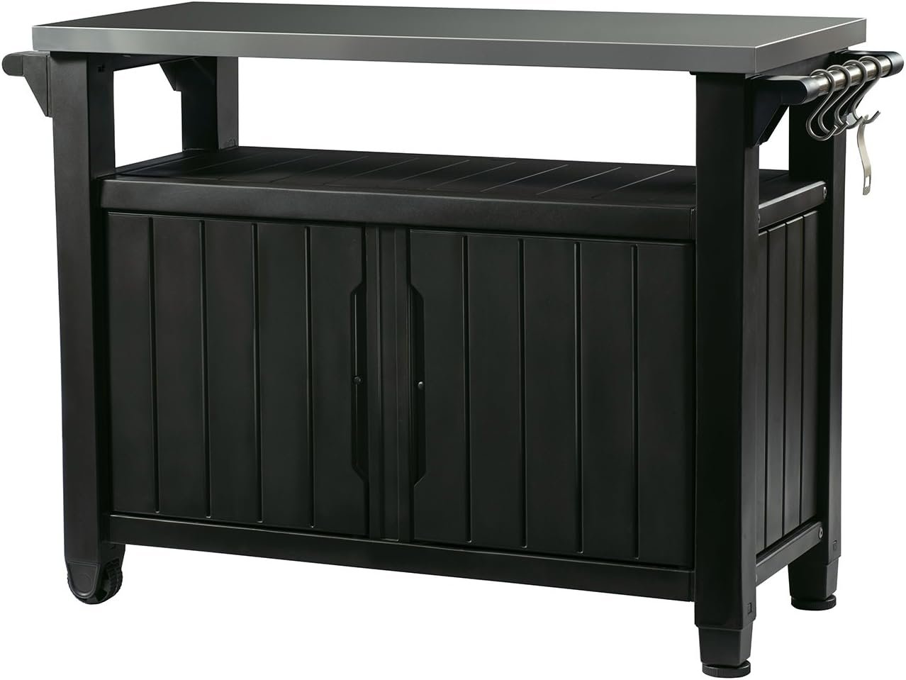 Keter Unity XL Portable Outdoor Table with Stainless Steel Top for Kitchen Prep and Outdoor Storage Cabinet for Grilling Accessories, Dark Grey