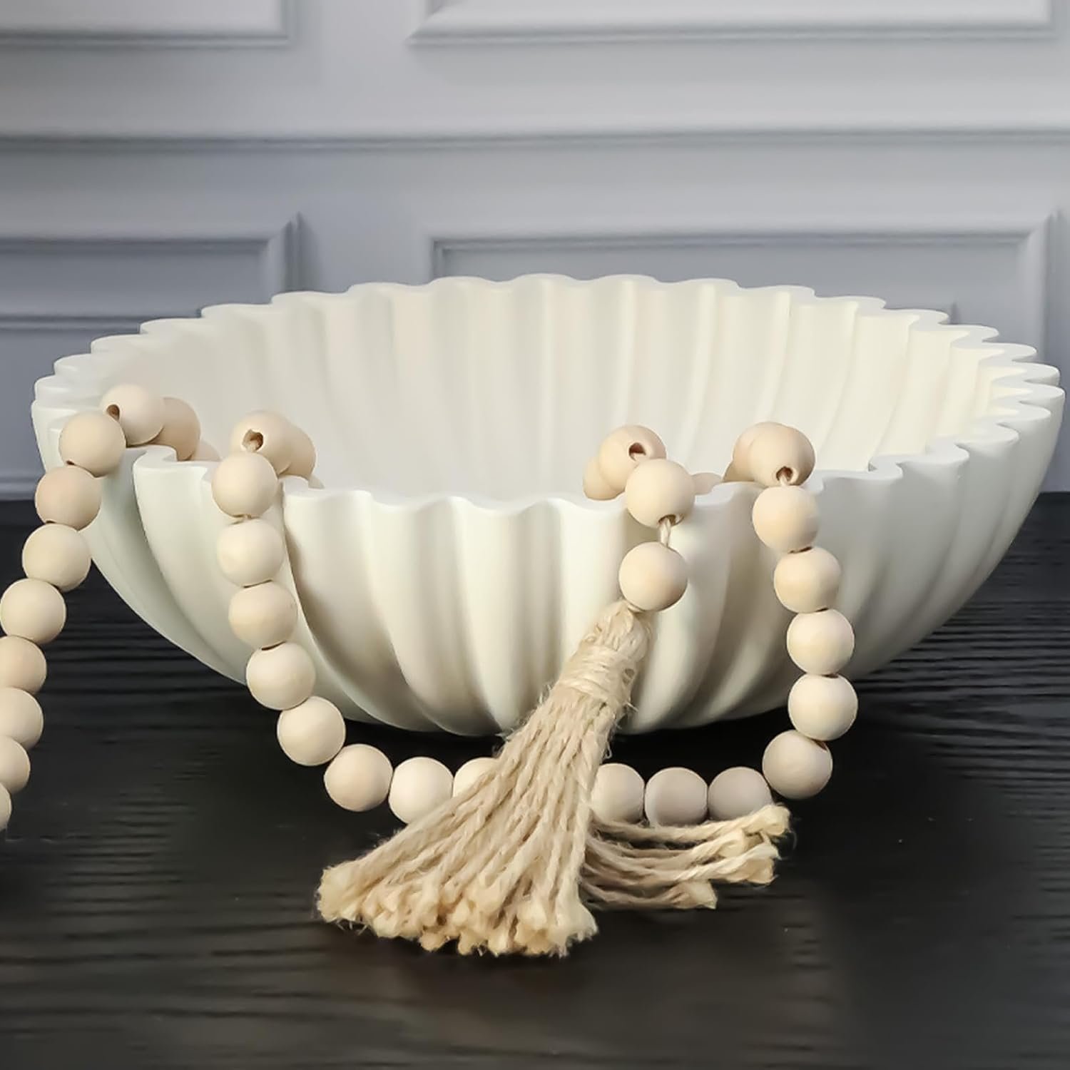 Decorative Bowl With Beads for Home Decor – Large Decorative Fruit Bowls for Candy – Scalloped Ruffle Centerpiece key Bowl – Morden Round 10″ Aesthetic Coffee Entry Table Decor (White)