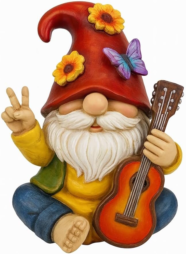 GoGnome Peace Sign Garden Gnome Figurine Outdoor Statue, Funny Guitar Playing Dwarf Rock Music Decor – 6‘’ Resin Lawn Ornament, Unique Housewarming Gift for Music Lovers & Gardeners (Red)