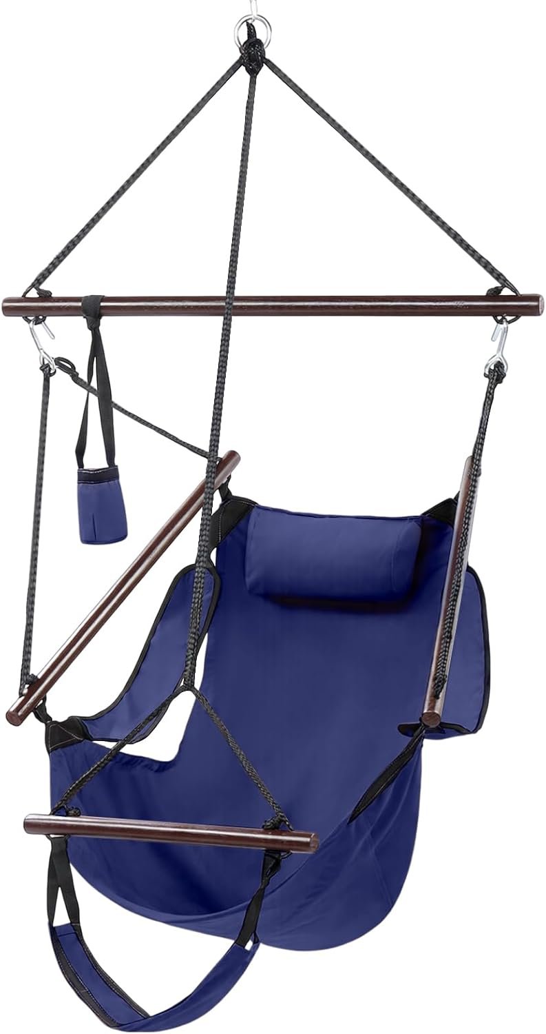 ONCLOUD Sky Chair, Deluxe Hanging Hammock Air Chair Swing Seat with Pillow, Drink Holder, Solid Wood Weather Resistant for Indoor/Outdoor Yard Garden Tree Patio Porch, 250 LBS (Navy Blue)