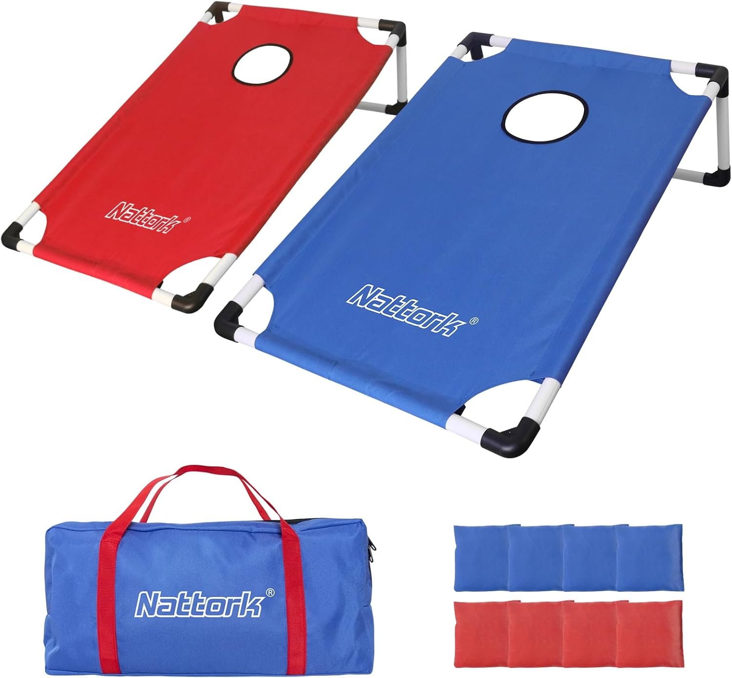 Portable Cornhole Set PVC Framed Corn Holes Outdoor Game Set with 2 Cornhole Boards, 8 Cornhole Bean Bags and Carrying Case, Camping Games Indoor Outdoor for Adults, Travel Camping Accessory