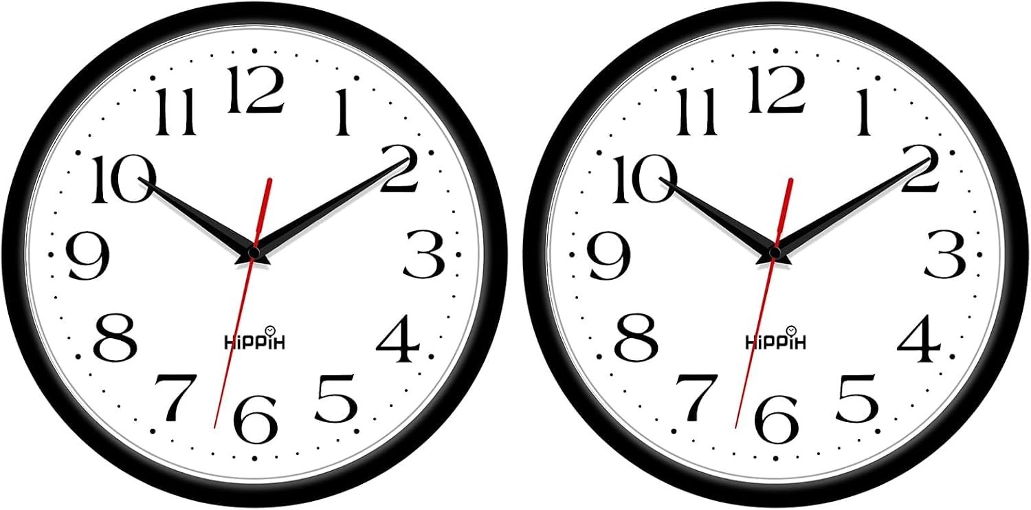 HIPPIH 2 Pack Silent Wall Clock, 10 Inch Non Ticking Quiet Digital Sweep Decorative Battery Operated Wall Clocks for Living Room Bedroom Kitchen School Office Decor, Black