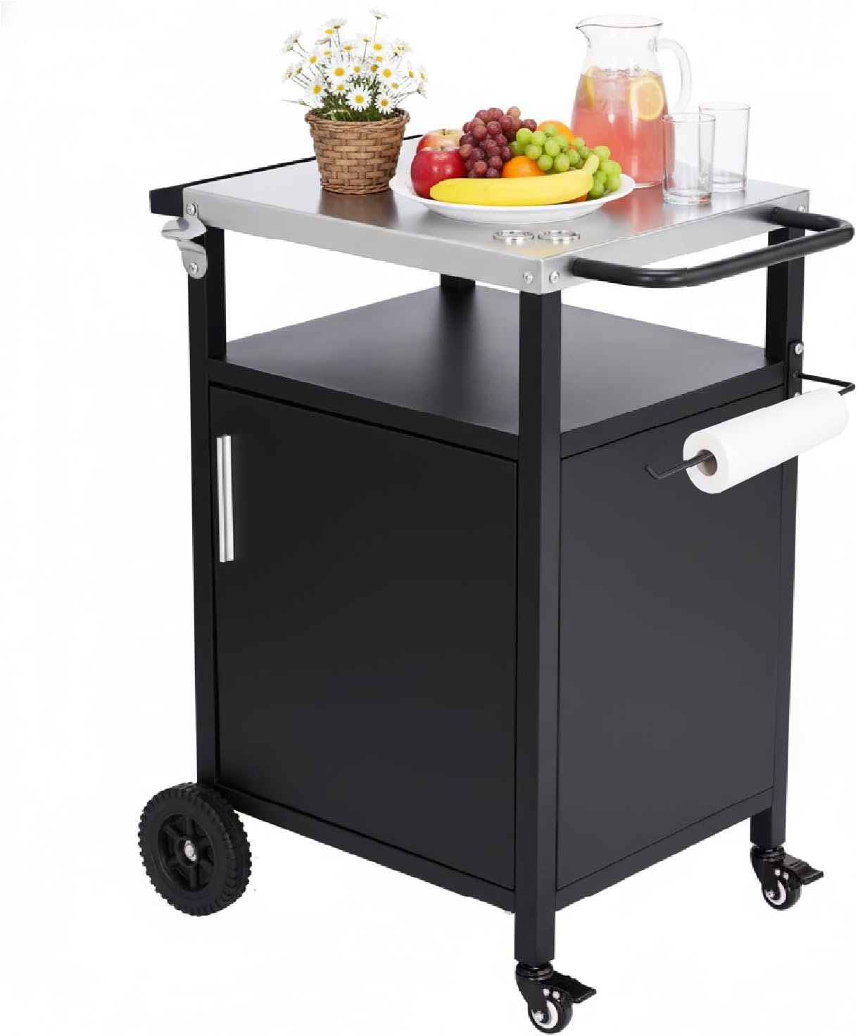 VINGLI Outdoor Grill Table Cart with Cabinet, Stainless Steel Movable Kitchen Island with Large Storage Cabinet, Multifunction Food Prep Table with Bottle Opener and Seasoning Tray, for Patio, Home