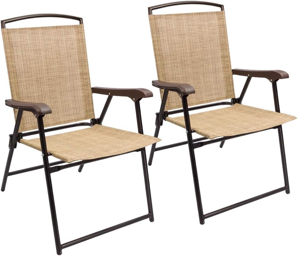 Devoko Patio Folding Chair Deck Sling Chair | Camping Garden Pool Beach Using Chairs Space Saving Set Of 2 (Beige)