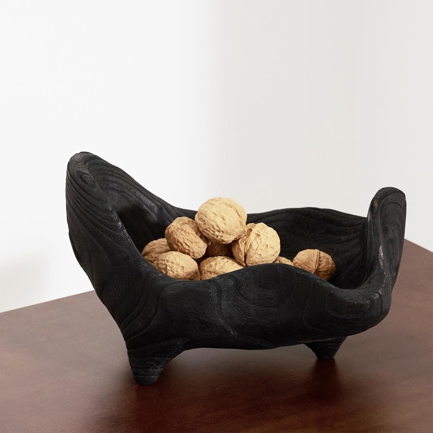 DN DECONATION Oak Wood Black Decorative Bowl, 9.25×5.51 Inch Small Bowl | Matte Black Bowl for Entryway Key, Fruit, Candy with feet, Boho Farmhouse Home Decor for Dining Room Coffee Table Centerpiece