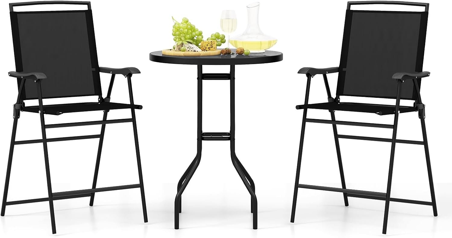 COSTWAY 3 PCS Patio Table and Chairs Set, Bistro Furniture with DPC Tabletop, Umbrella Hole, Outdoor Bar Set with Round Table and 2 Folding Counter Height Chairs for Poolside, Deck, Porch, Black | DPC Tabletop, Umbrella Hole, Outdoor Bar Set with Round Table, 2 Folding Counter Height Chairs, Poolside, Deck, Porch, Black