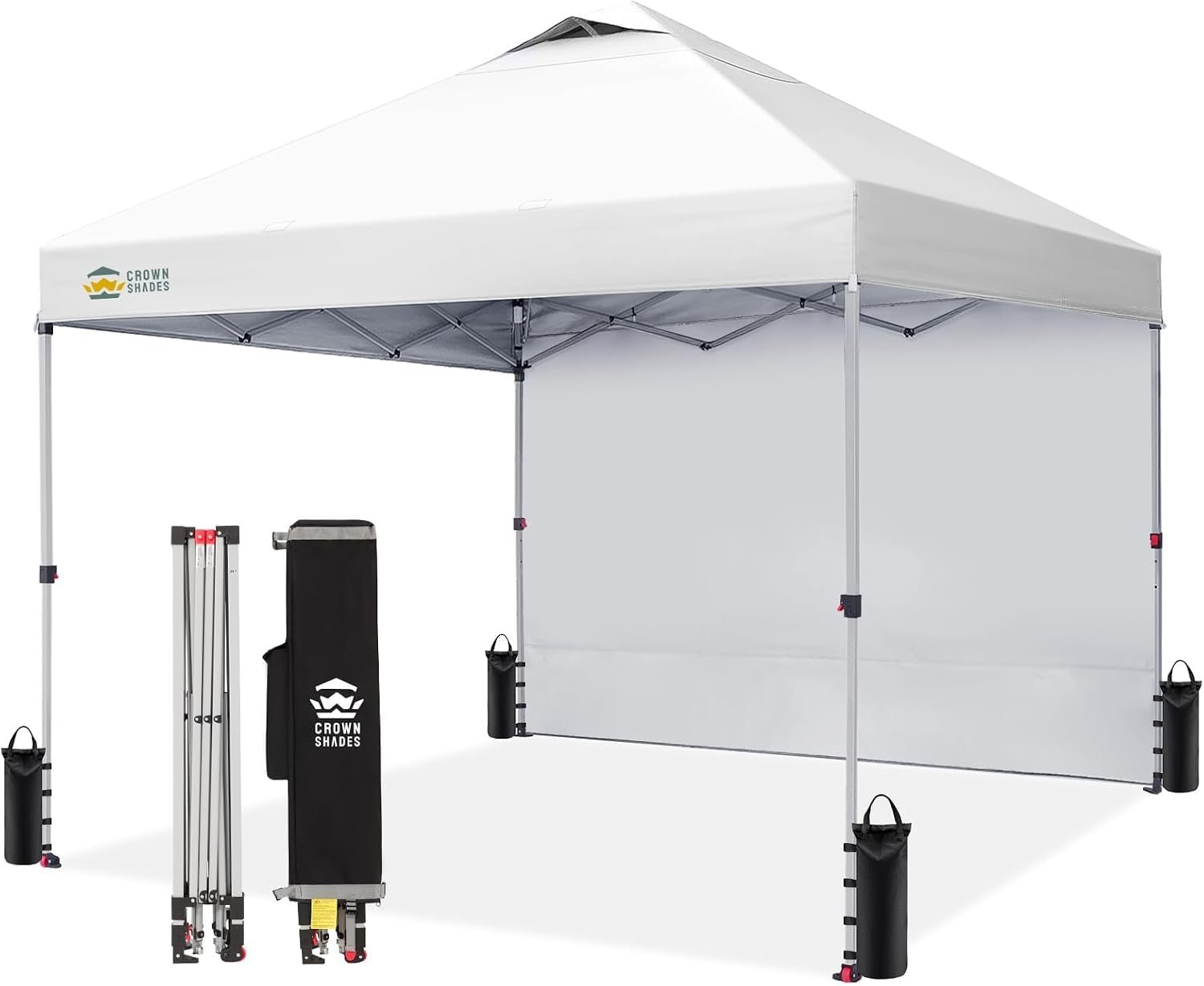 CROWN SHADES 10×10 Pop Up Canopy with 1 Side Wall – Beach Tent with One Push Setup – Outdoor Sun Shade for Events, Parties, Camping – Gazebo with STO-N-Go Cover Bag (White)