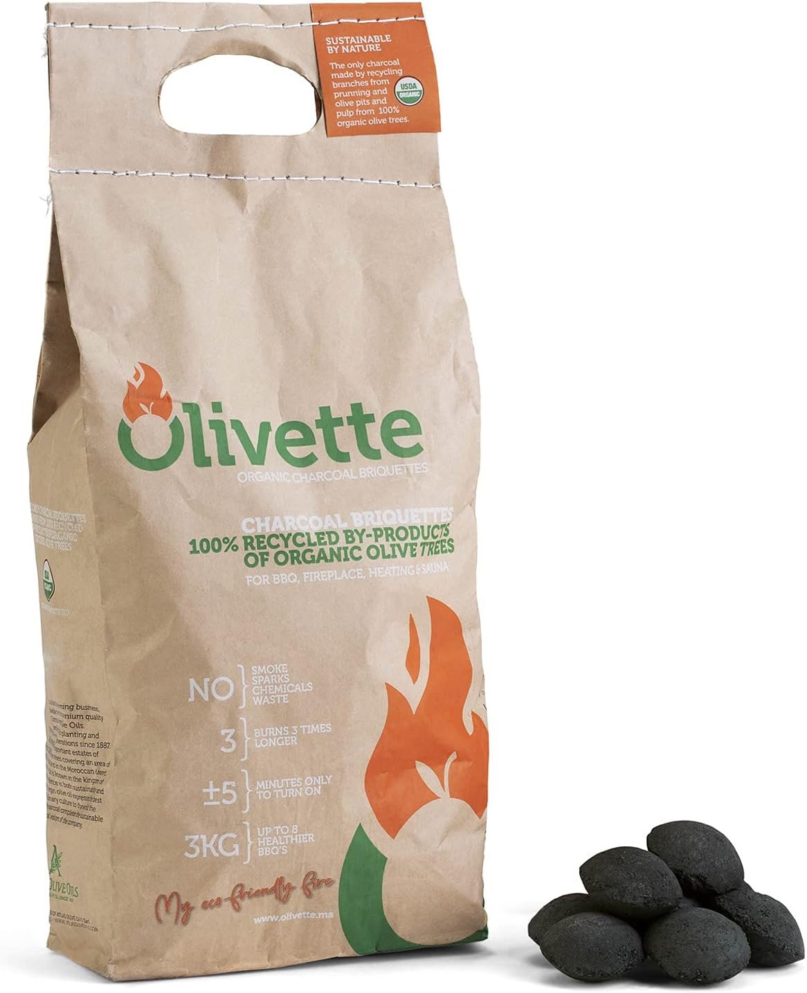 OLIVETTE Organic BBQ Charcoal Briquettes, USDA Certified, 6.6 lb Bag | Reusable Charcoal For Grilling & Smoking, Burns 3x Longer, 6.6 lb = 20 lb Regular Charcoal, Recycled Olive Tree Byproduct
