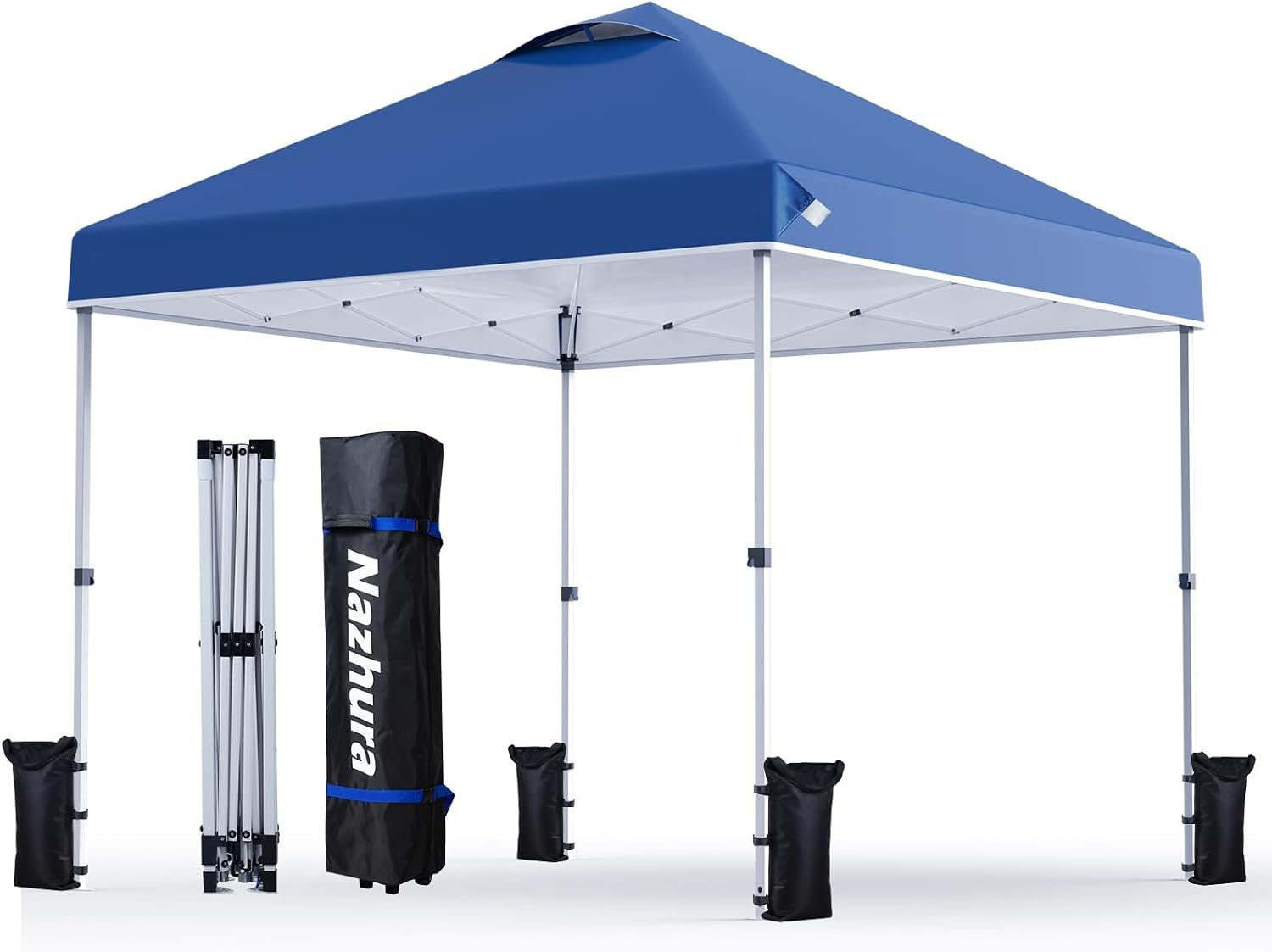 Nazhura 10′ x 10′ Pop Up Canopy Tent with Sand Weight Bag, Freestanding Sun Shelter for Picnic and Camping, One Person Setup and Height Adjustable (Blue)