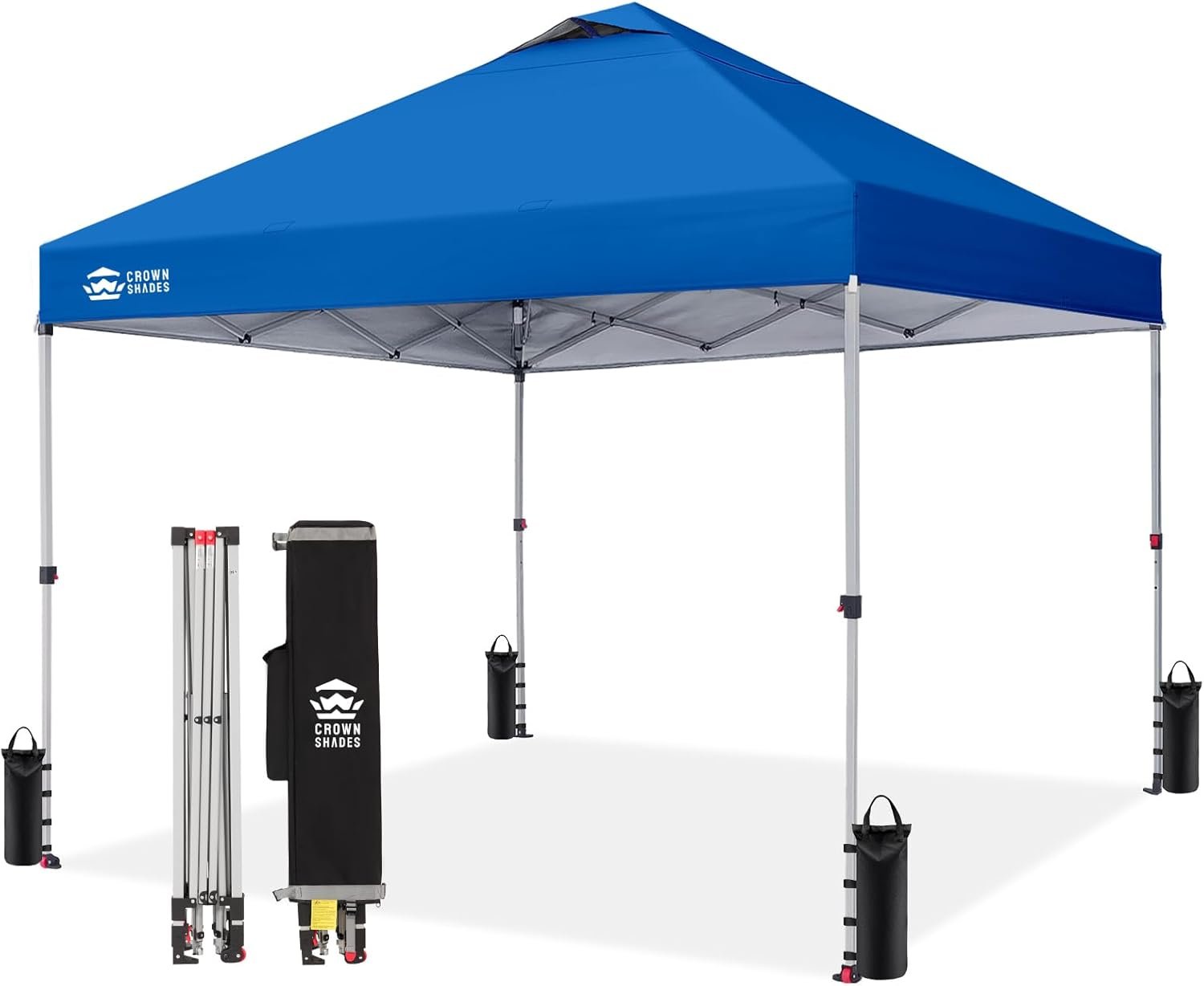 CROWN SHADES 10×10 Pop Up Canopy – Beach Tent with CenterLok One Push Setup – Easy Outdoor Sun Shade for Events, Parties, Camping – Gazebo with STO-N-Go Cover Bag, Silver Coated Top, Blue