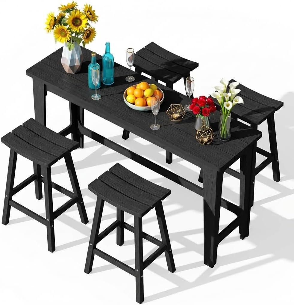 Ciokea 5 Pcs Outdoor Bar with Stools Set, 60″ Extra Long High Top Table and 4 Backless Bar Stools, Heavy-Duty All-Weather Bar Height Patio Bar Set for Backyard Balcony Deck, Black