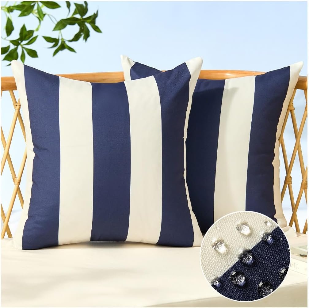 Allorry Outdoor Pillow Covers 18×18 Set of 2 Navy Blue Striped Decoration Throw Pillow Covers for Spring Summer Outdoor Waterproof Garden Patio Furniture Sofa Bed Home Decor JB007-D18