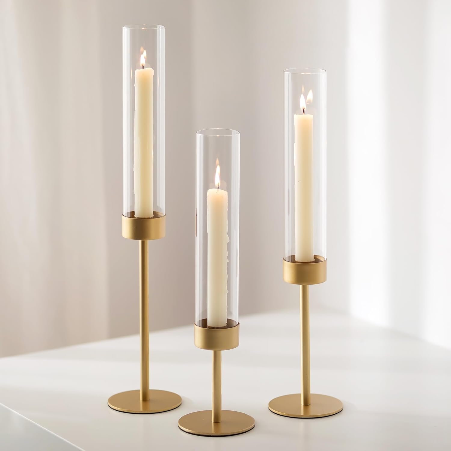 Glass Hurricane Candlestick Holders Gold – Romadedi Taper Candle Holder Tall Clear Glass Cylinder Table Centerpiece Wedding Decor Party Birthday Christmas Home Decorations Set of 3