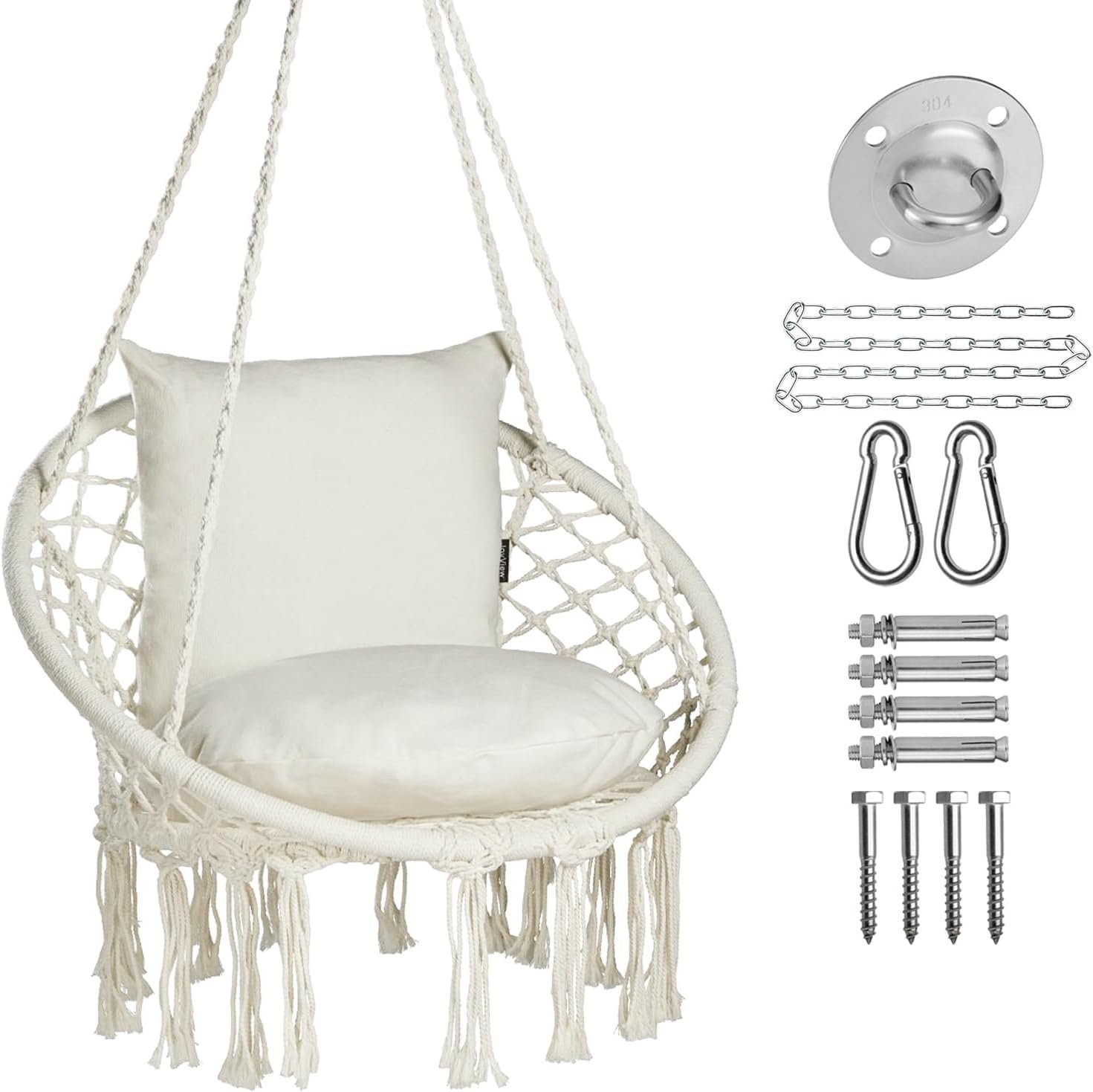 JoyView Macrame Hammock Chair Hanging Swing Chair Max 330 Lbs with 2 Cushions and Hardware Kits for Indoor Outdoor Bedroom Patio Garden – Beige