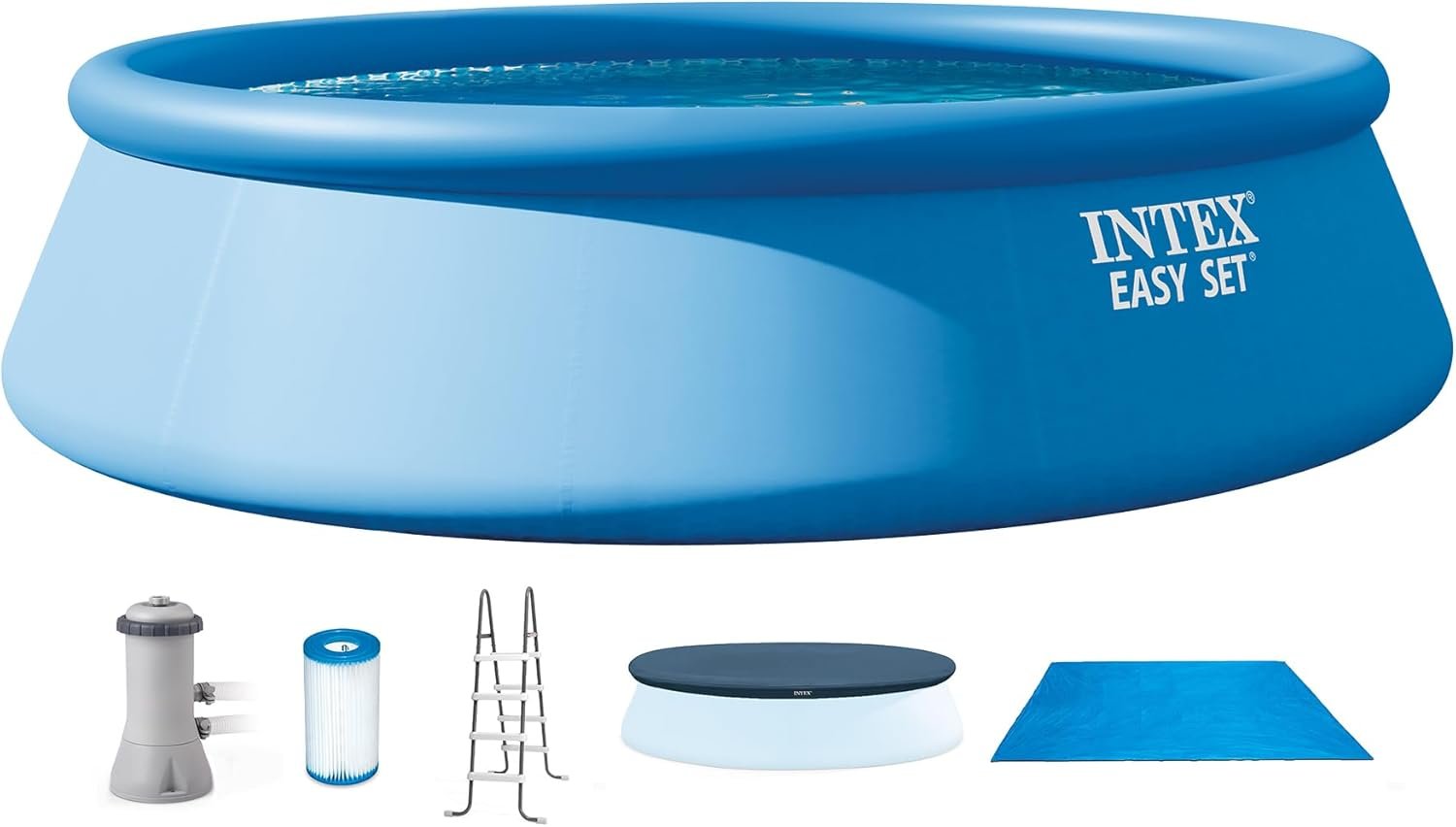 Intex Easy Set 15 ft x 42in Above Ground Pool Set, Round Inflatable Swimming Pool with 1000 GPH Cartridge Filter Pump, Ladder, Cover, & Ground Cloth