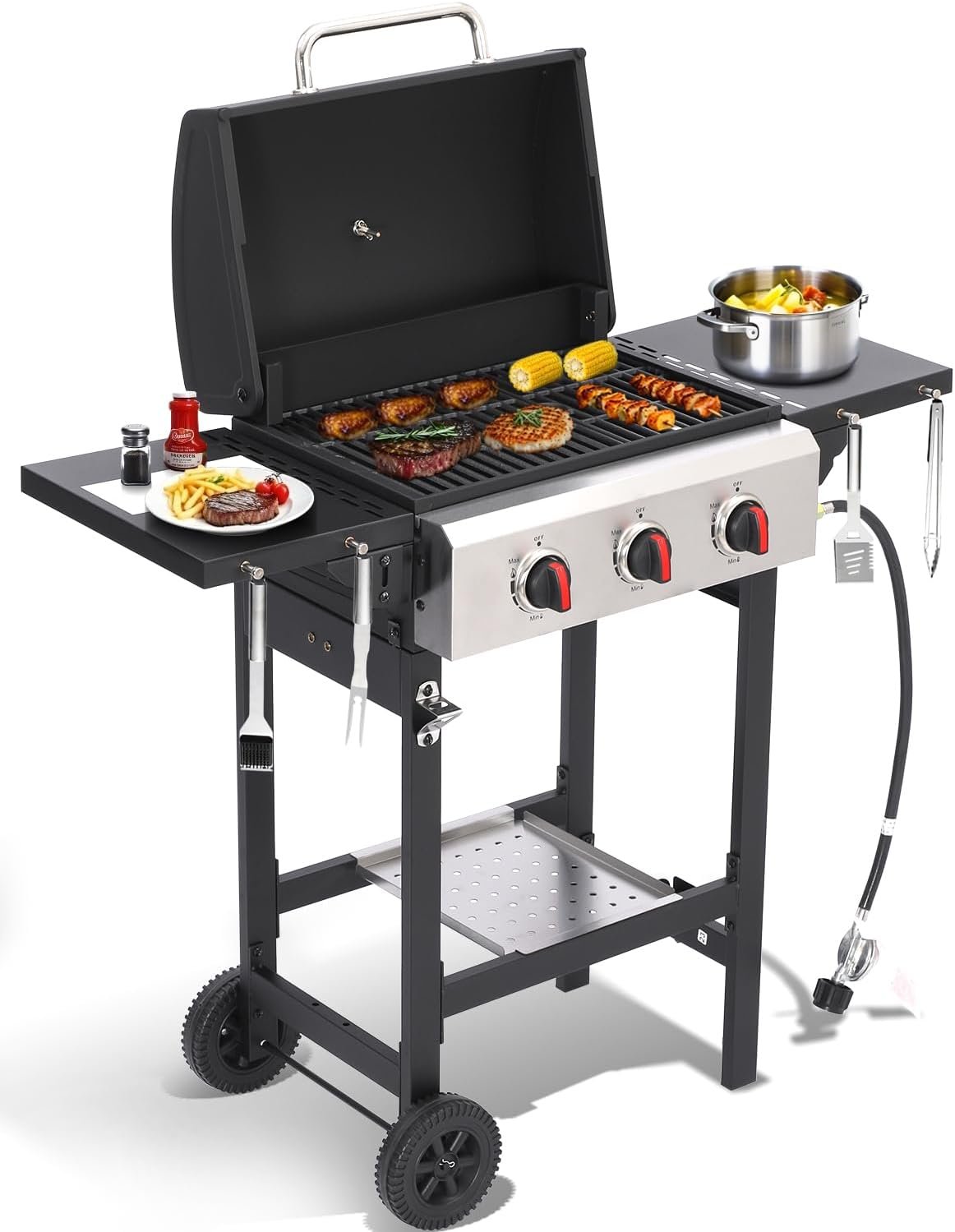 Propane Gas Grill with Folding Side Tables, 3-Burner Gas Grill with Cast Iron Grates and Stainless Steel Griddle Pan, Outdoor BBQ Grill Portable with Wheels 30,000 BTU Output