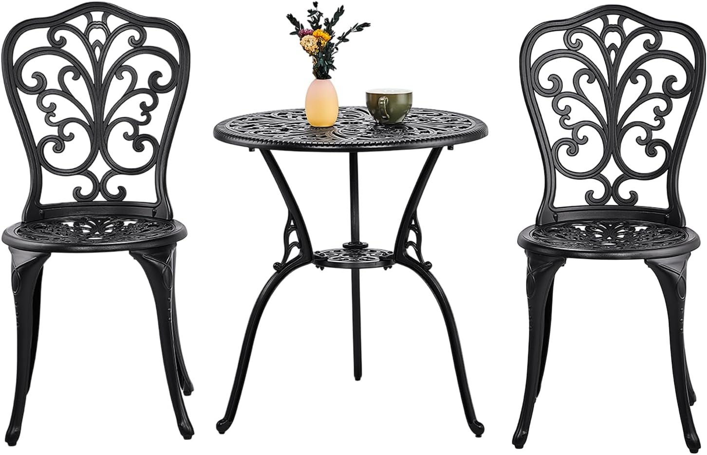 VINGLI 3 PCS Outdoor Bistro Set, Outdoor Patio Set, All-Weather Cast Aluminum Bistro Table Set, Bistro Table and Chairs Set of 2 for Backyard, Garden, Balcony (Black, Butterfly)