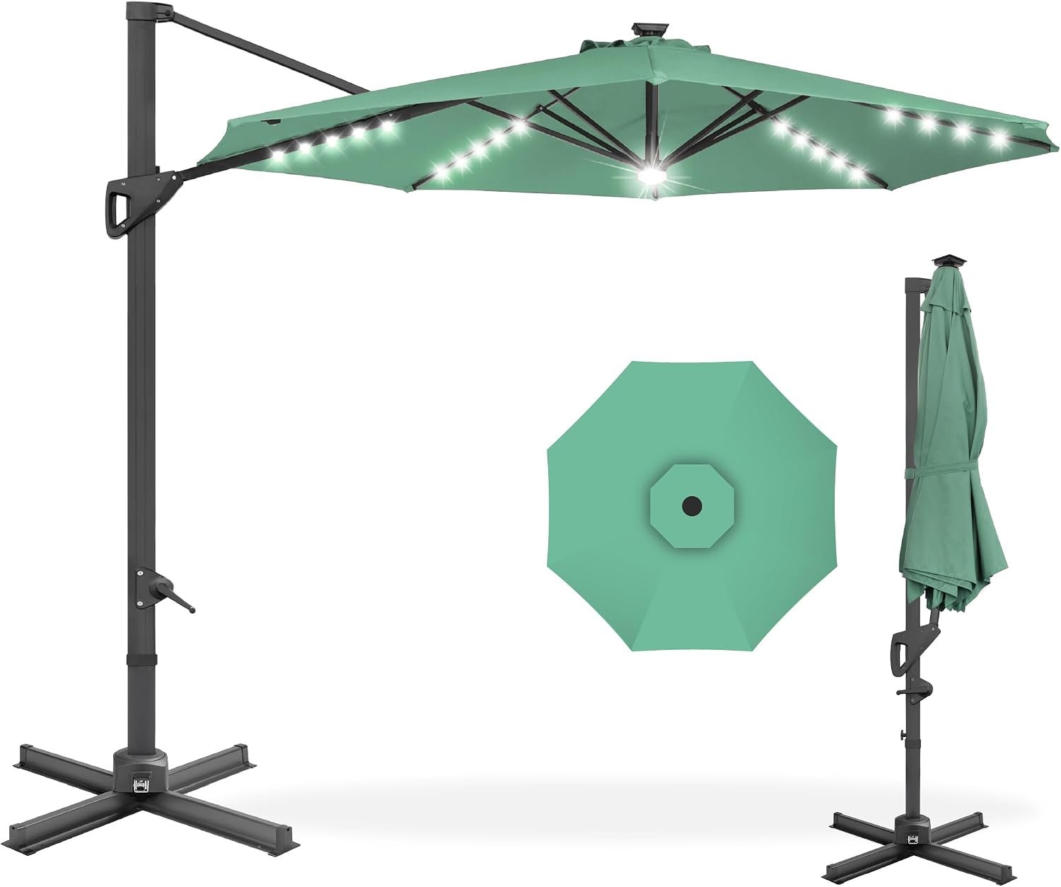 Best Choice Products 10ft Solar LED Cantilever Patio Umbrella, 360-Degree Rotation Hanging Offset Market Outdoor Sun Shade for Backyard, Deck, Poolside w/Lights, Easy Tilt, Cross Base – Seaglass