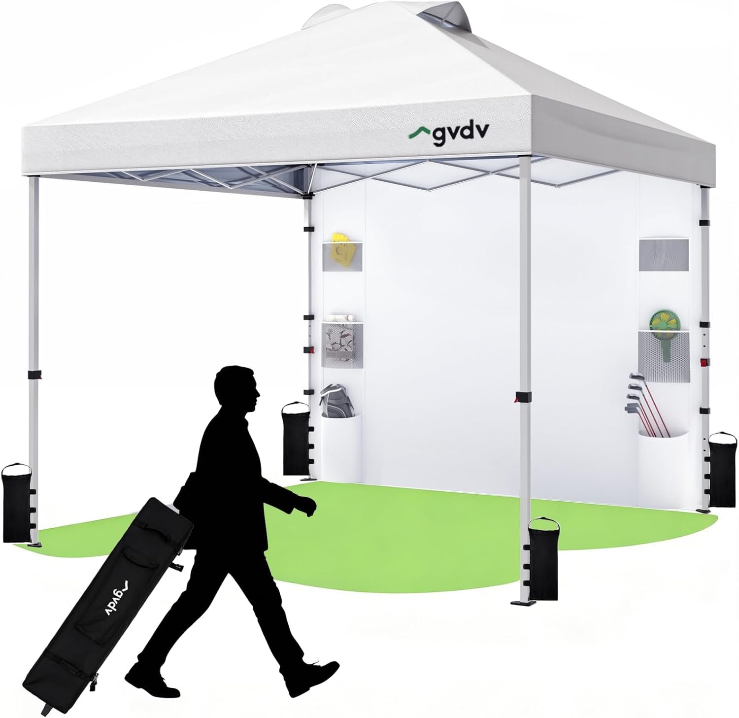 GVDV 10×10 Pop Up Canopy with Pocket Sidewall, Beach Tent, CP23, White | One push instant setup, outdoor sun shade for beach, events, parties and camping, comes with wheelbag and 4 weight bags
