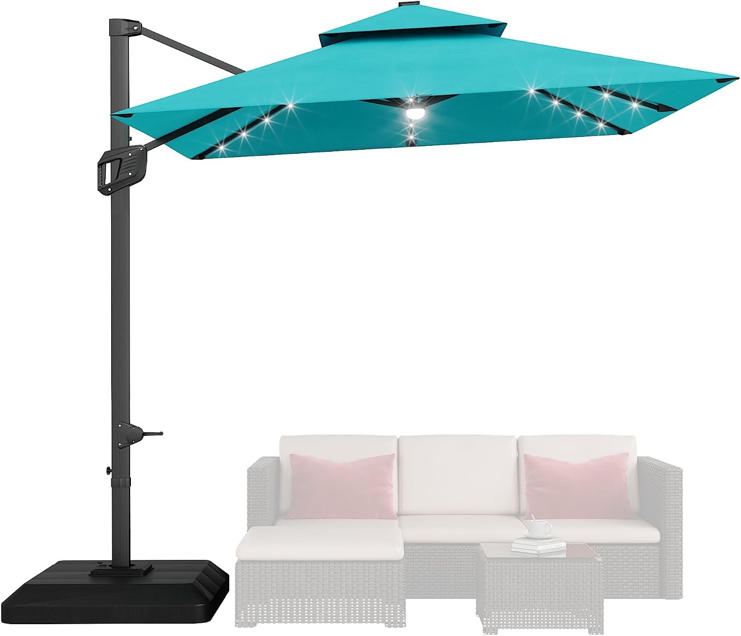 10×10 ft Heavy-Duty Double Roof Cantilever Patio Umbrella with Solar LED Lights, 360° Rotation & Easy Tilt, Cross Base, Square Aluminum, for Backyard, Poolside, Deck & Garden, Navy Blue