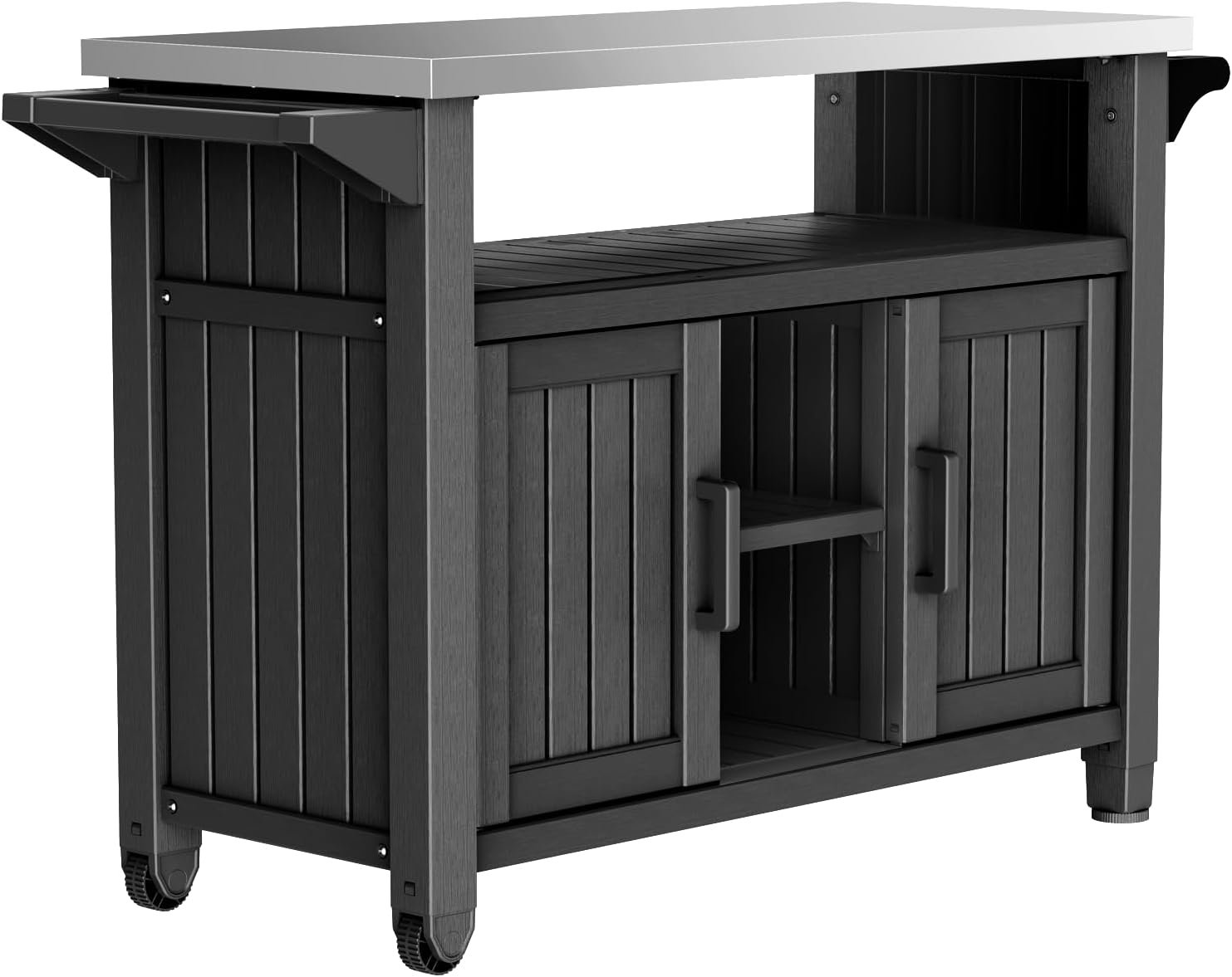 54″ Outdoor Prep Table with Stainless Steel Top, Portable BBQ Grill Cart & Pizza Oven Stand, Weather-Resistant Resin Kitchen Island with 78-Gallon Storage Cabinet, Black