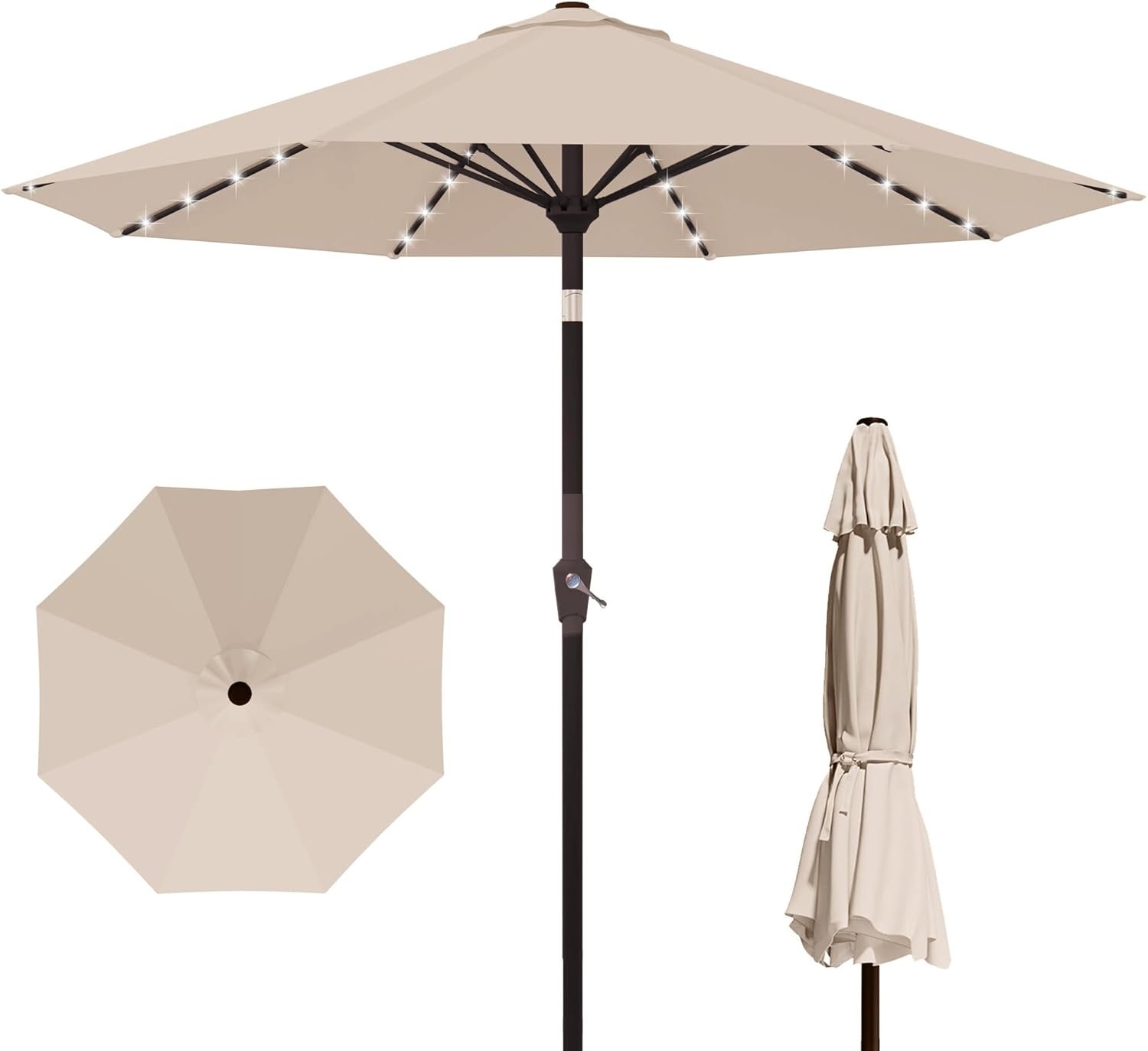 Kingdura 10FT Outdoor Patio Umbrella with Solar Lights, Market Table Umbrella with Push Button Tilt & Crank, 8 Sturdy Ribs, 32 LED Lights, UV Protection for Garden Lawn Deck Backyard Pool (Beige)