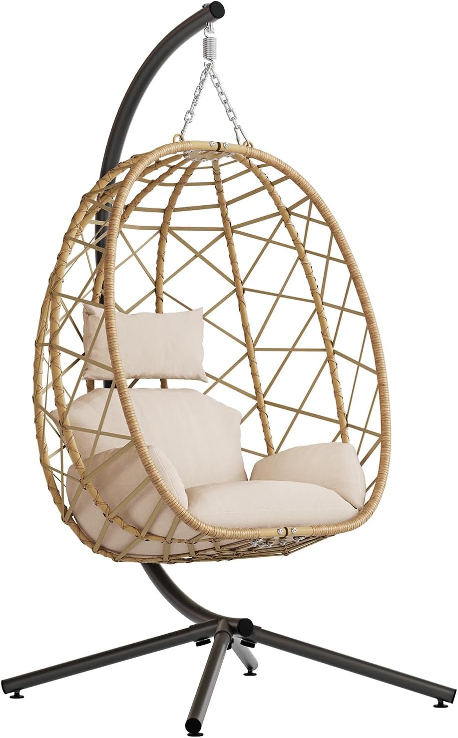SWITTE Hanging Egg Chair with Stand, Outdoor Indoor Rattan Wicker Egg Swing Chair with Cushion, Heavy Duty Patio Hammock Chairs for Garden Backyard Balcony Bedroom, 400LBS Capacity, Cream