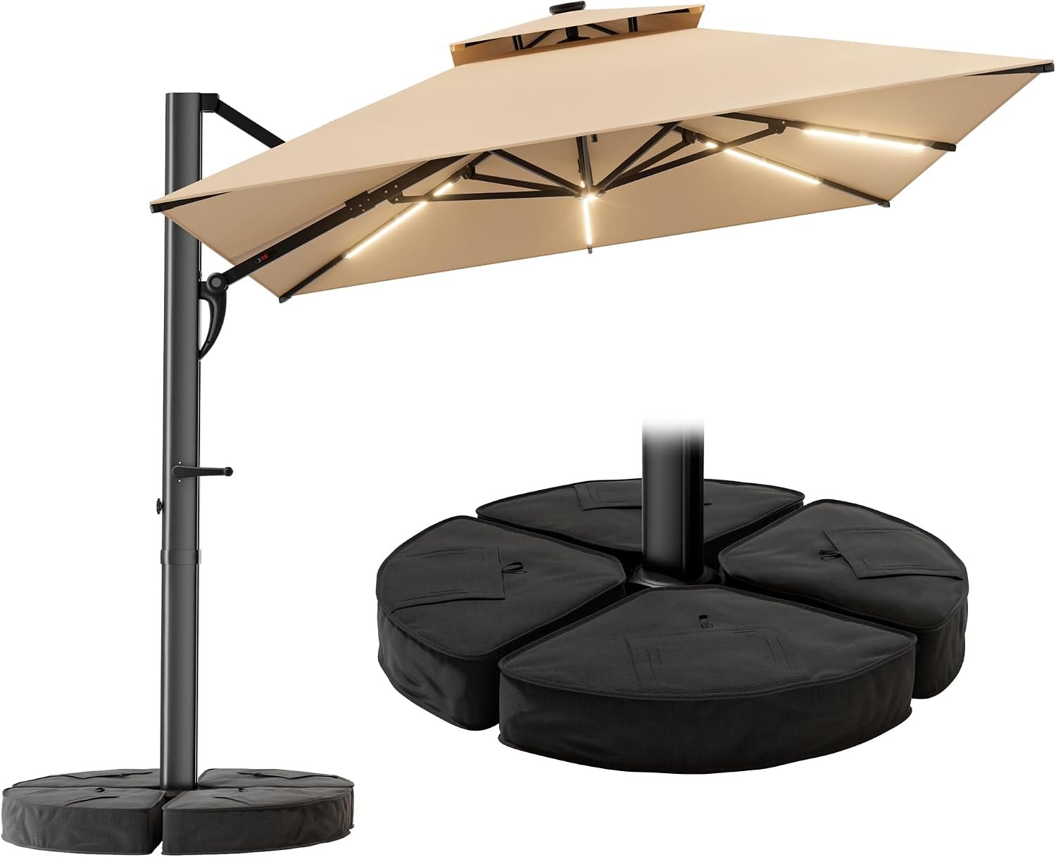 HOMSHADE 10 ft Square Cantilever Patio Umbrella with Base Included, Solar Lights Large Umbrella Outdoor Patio with 360°Rotation&Tilting, LED Lighted Offset Umbrellas w/Stand for Pool Deck