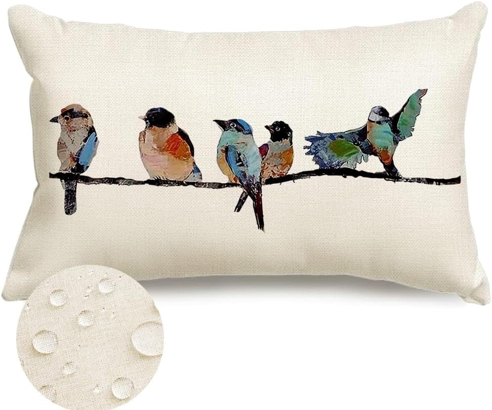 RABUSOFA Outdoor Pillow Covers Waterproof 12×20,Outdoor Bird Lumbar Throw Pillow Cases Small Decorative Pillows for Couch Patio Furniture Polyester Linen Teal Blue