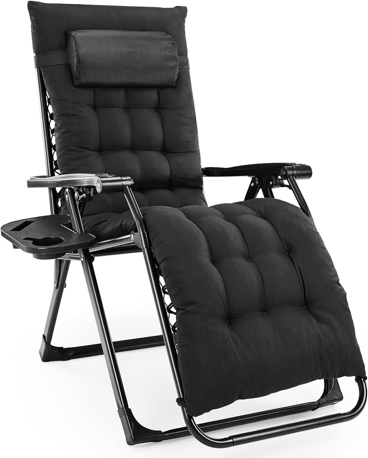 DUMOS Zero Gravity Chair, Lounge Chair Outdoor with Cup Holder Trays and Removable Cushion, Folding Reclining Chairs for Indoor Outside Beach Camping Patio, Black