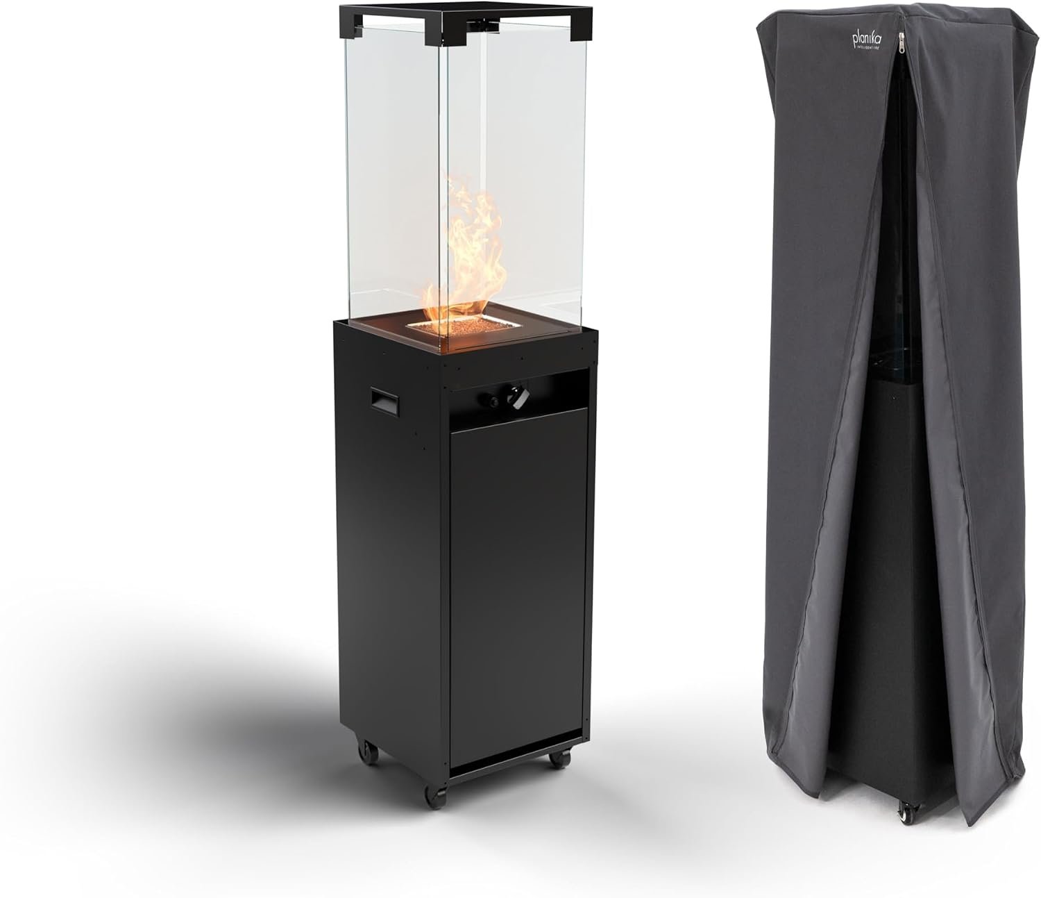 Planika Faro 41,000 BTU Propane Patio Heater 59″ Modern Freestanding Glass Tower with Wheels, Smokeless 360° Flame, Cover & Regulator Included for Commercial & Residential Outdoor Spaces