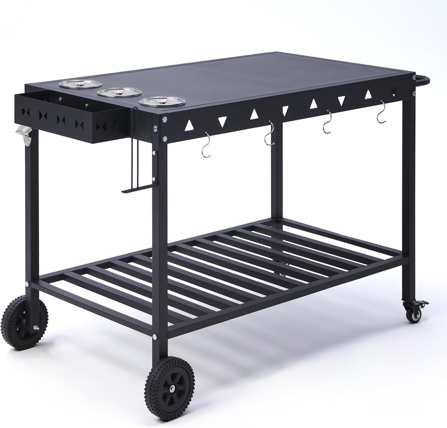 Outdoor Grill Cart Grill Table with Wheels | BBQ Prep Tables Station for Blackstone Griddle, Pizza Oven Table with Shelves, Towel Holder, Spice Pots & Bottle Opener