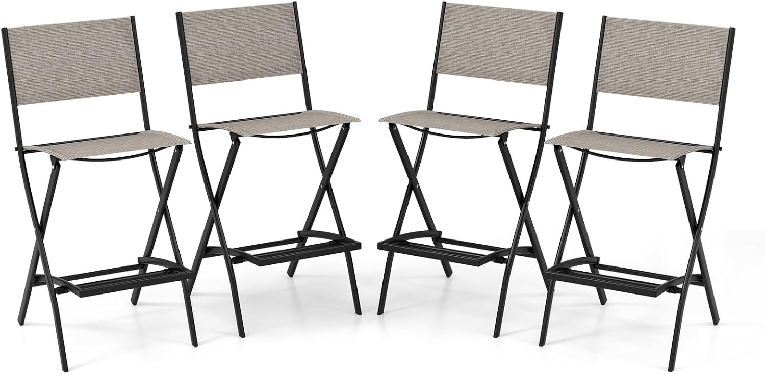 COSTWAY Outdoor Patio Folding Bar Chair Set of 4 with Metal Frame, Footrest | Coffee, 28” Counter Height, Skin-friendly Fabric Backrest & Seat, High Top Stools for Deck, Balcony, Garden, Porch, Poolside