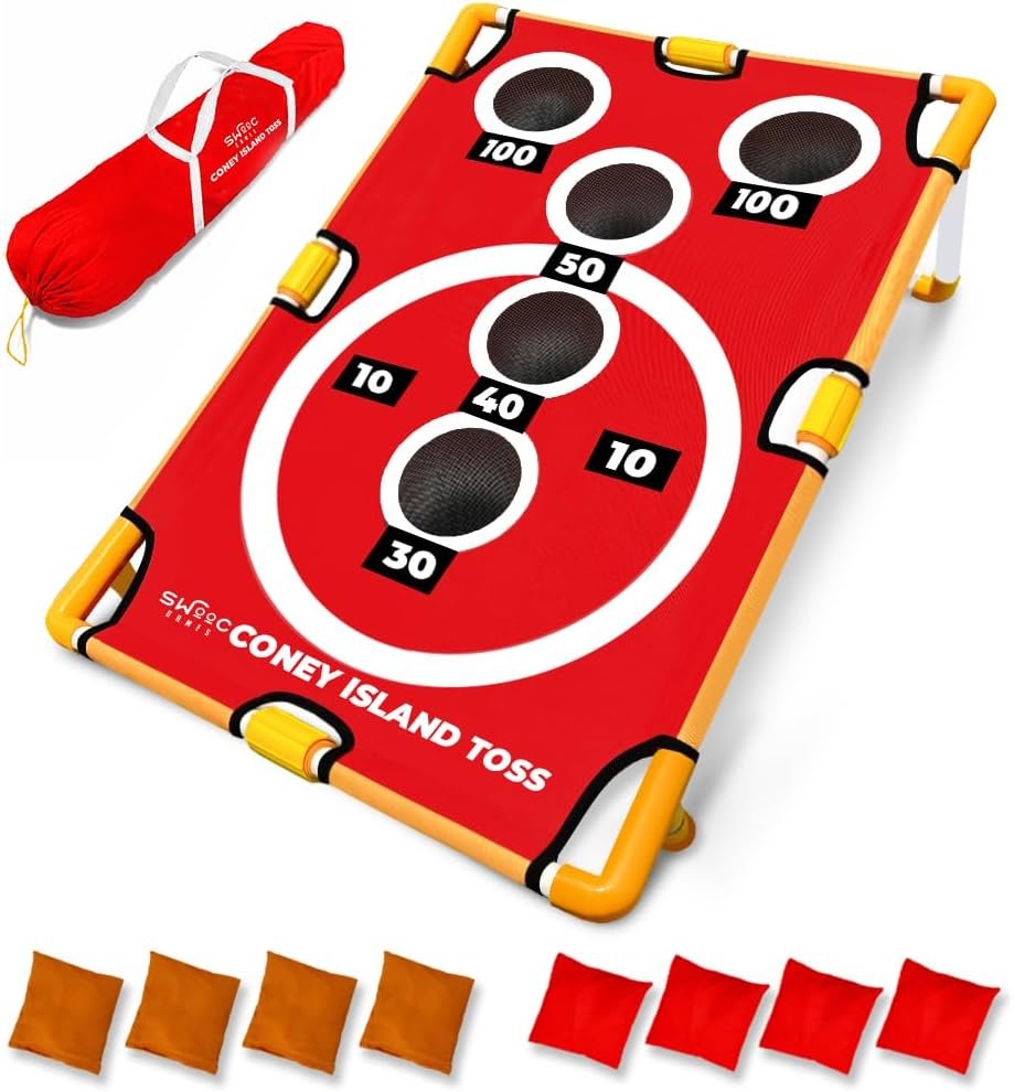 Swooc Games – Coney Island Toss™ – Arcade Style Cornhole Board Set w/Carrying Case & 15+ Games – Corn Hole Games for Adults – Kids Bean Bag Toss Game – Kids Cornhole Set w/Bags – Outdoor Yard Games