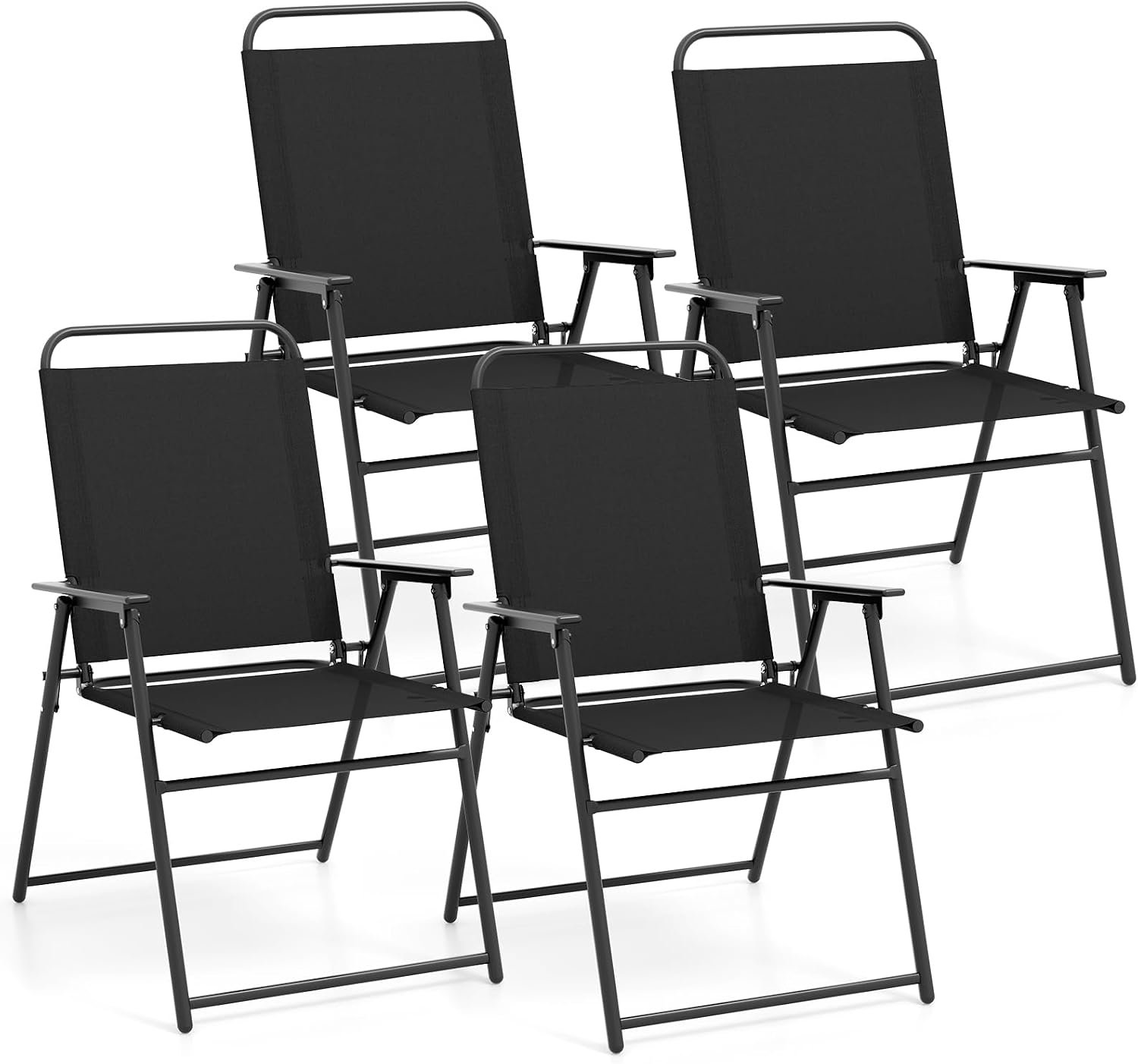 Tangkula Outdoor Folding Sling Chairs Set of 4, Space-Saving Patio Dining Chair with Armrest & Backrest, Triangular Frame, Footpads, Outdoor Patio Chair for Balcony, Garden, Poolside (2, Black)
