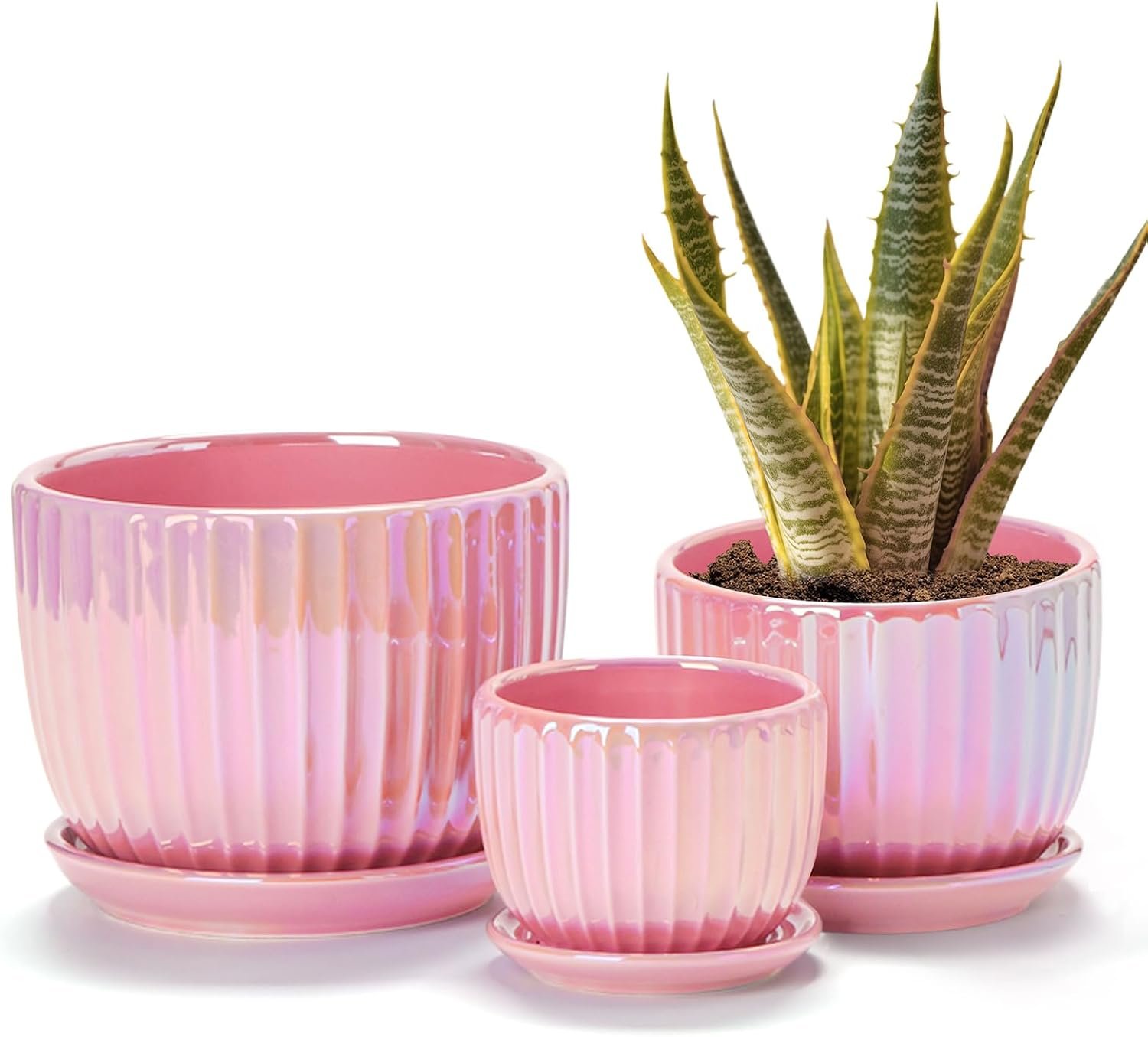 Pink Plant Pots，Ceramic Planters with Drainage Holes and Saucers Set of 3 | Ceramic Planters for Indoor Plants | Cute Plant Pots | Modern Succulent Pots | Decorative Garden Pots | Pretty Planters