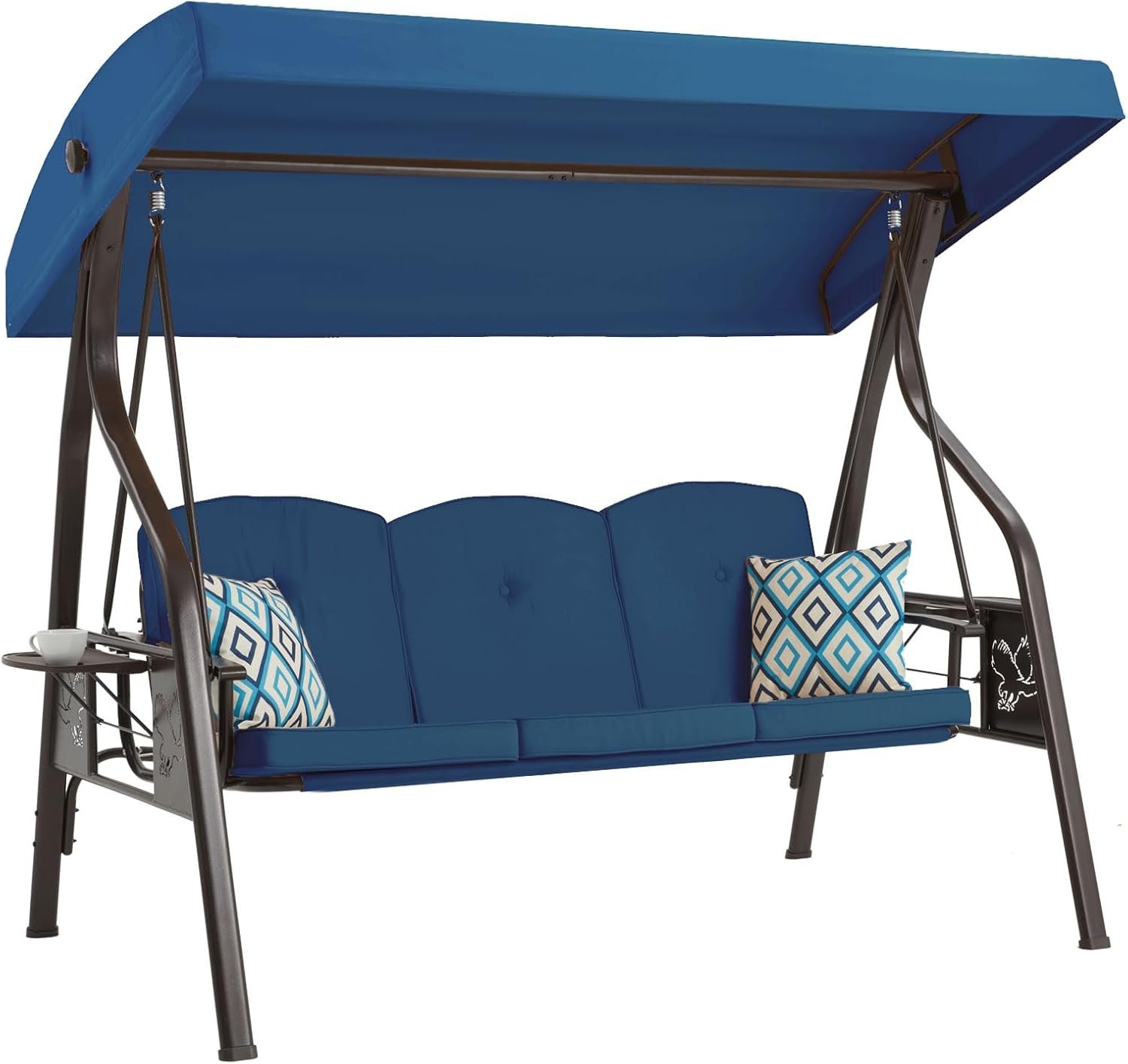 ZZW 3-Seat Outdoor Porch Swing with Stand, Patio Swing with Canopy, 2 in 1 Porch Swing Bed & Patio Swing Chair for Adult, Yard Swing w/Extra Pillows and Cup Holder (Blue)